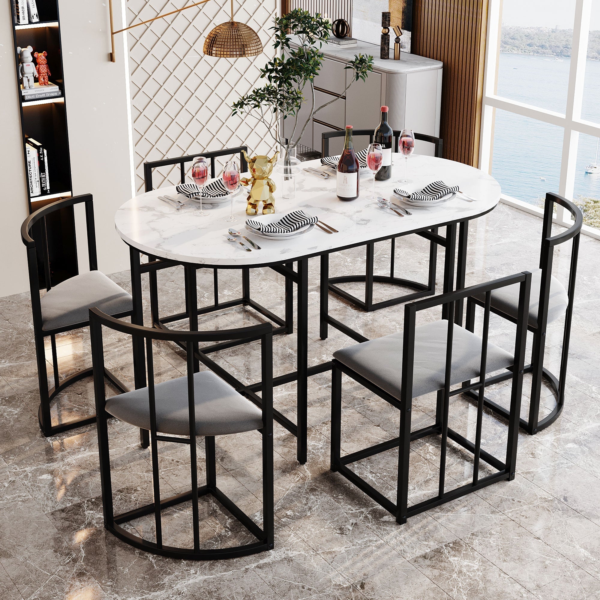 Dining Table Set, 6-Piece Round White MDF Table with 4 Dark Grey Velvet Chairs & Black Iron Frame