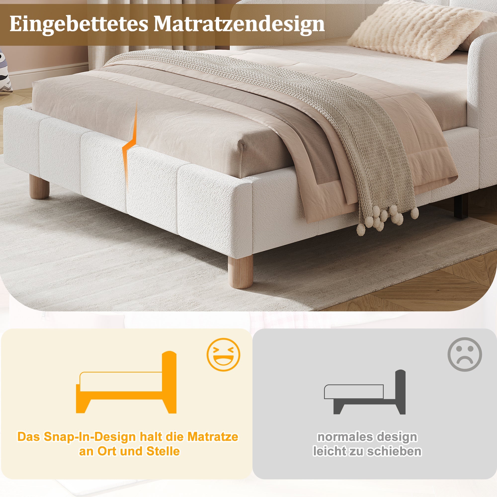 Upholstered Children's Bed, 90x200cm Single Bed with Safety Rail and Solid Wood Legs, Beige Bouclé