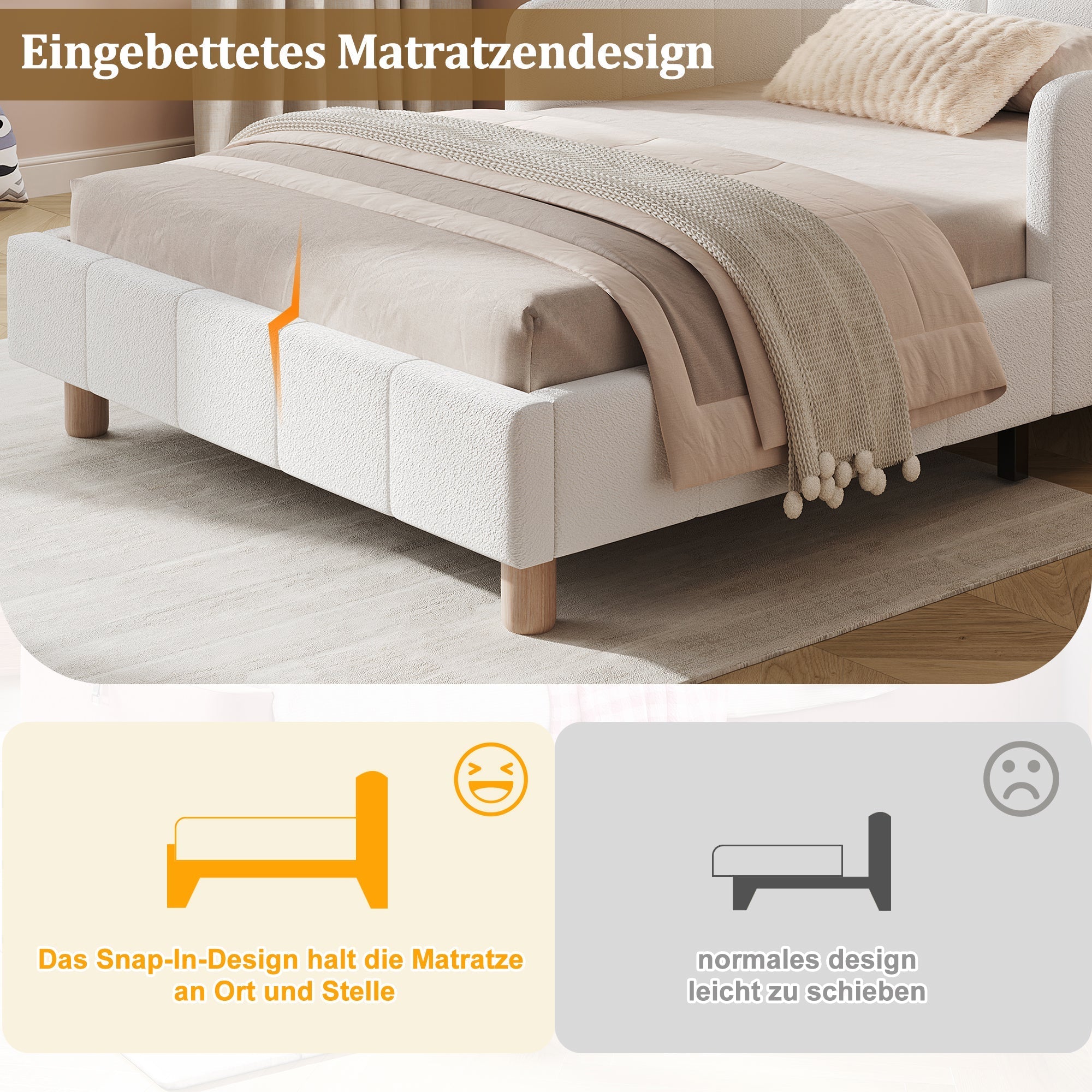 Upholstered Children's Bed, 90x200cm Single Bed with Safety Rail and Solid Wood Legs, Beige Bouclé