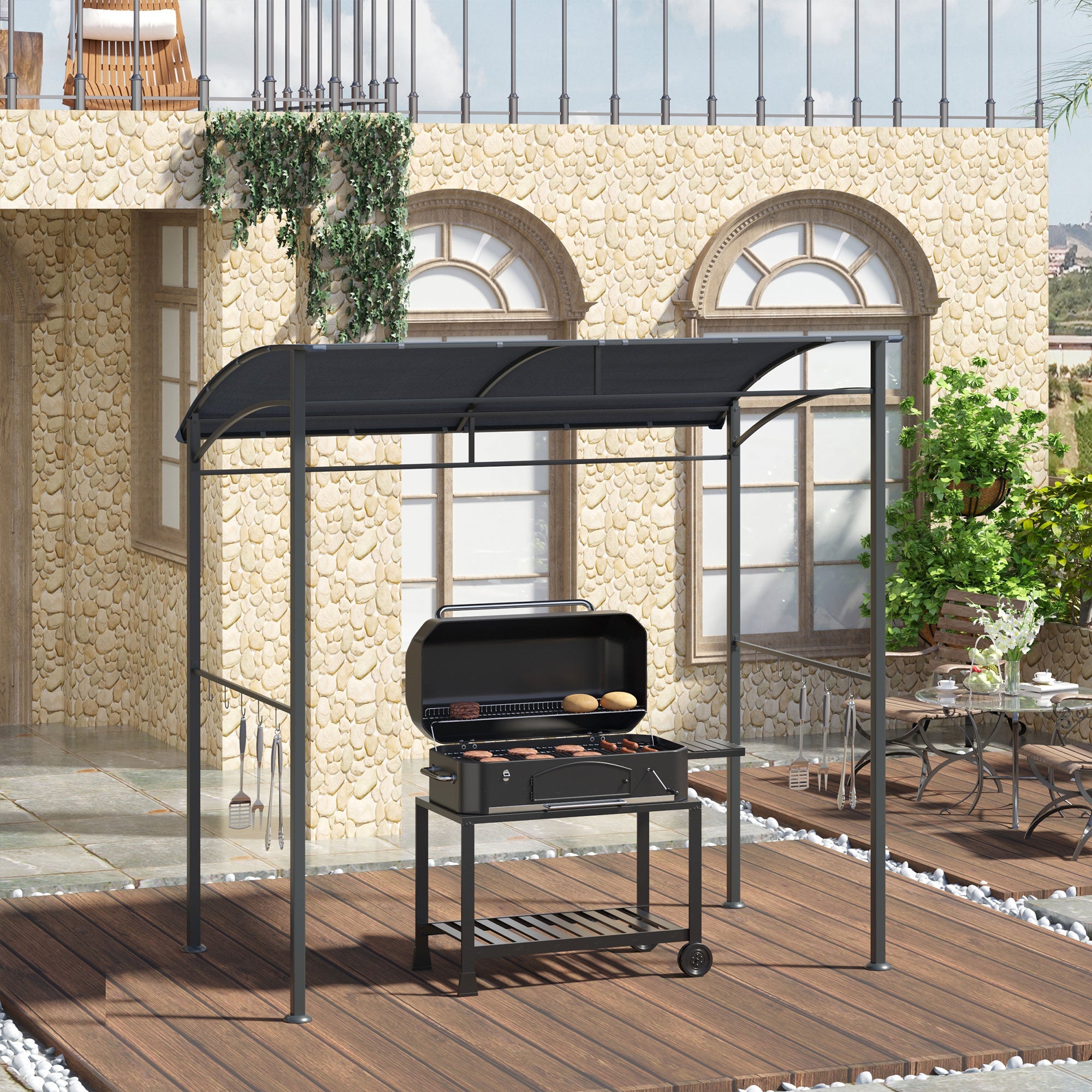 BBQ Grill Gazebo Tent 2.2 x 1.5m Metal Frame Curved Canopy 10 Hooks Grey