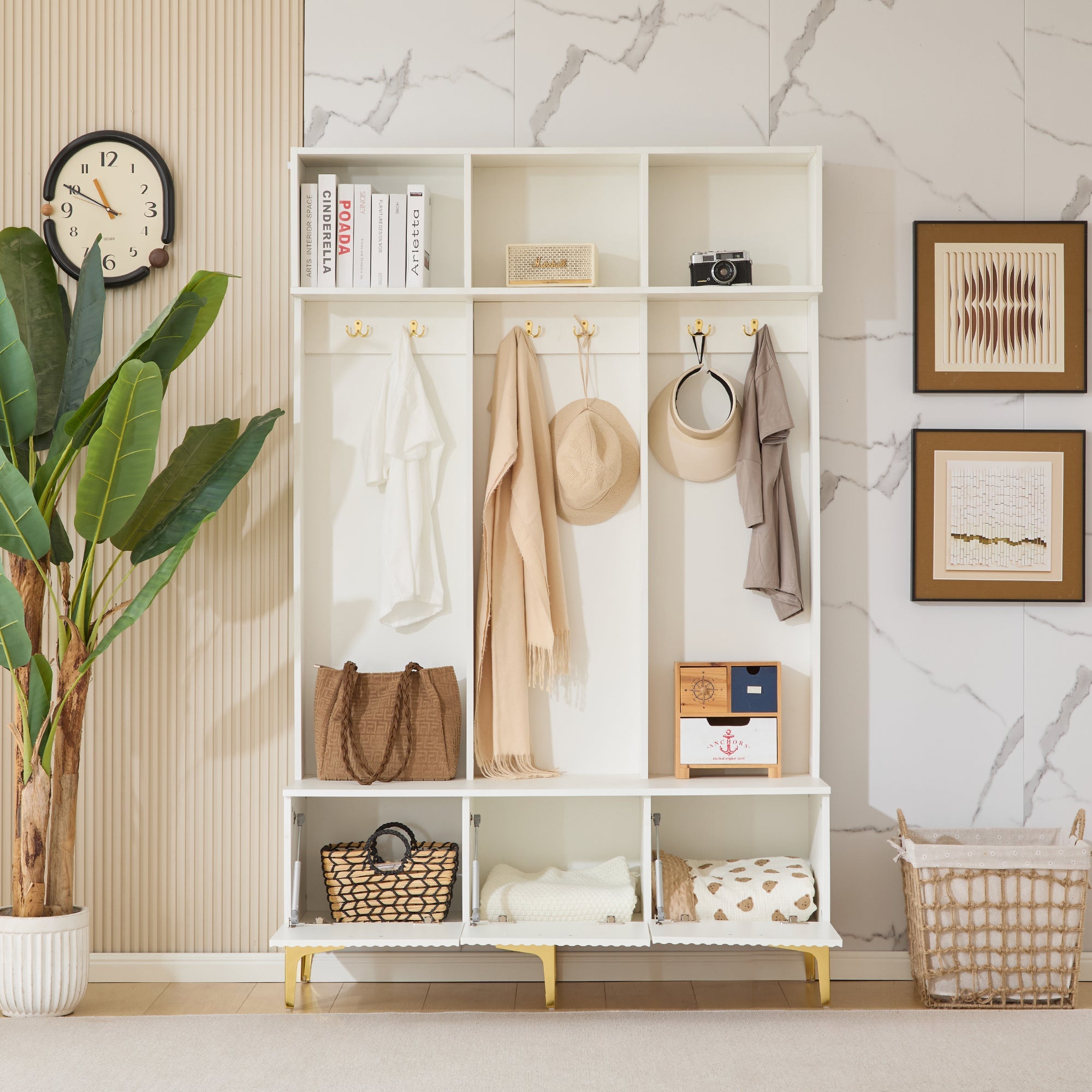 Wardrobe Set with Bench, Multifunctional Storage, 6 Hooks, White