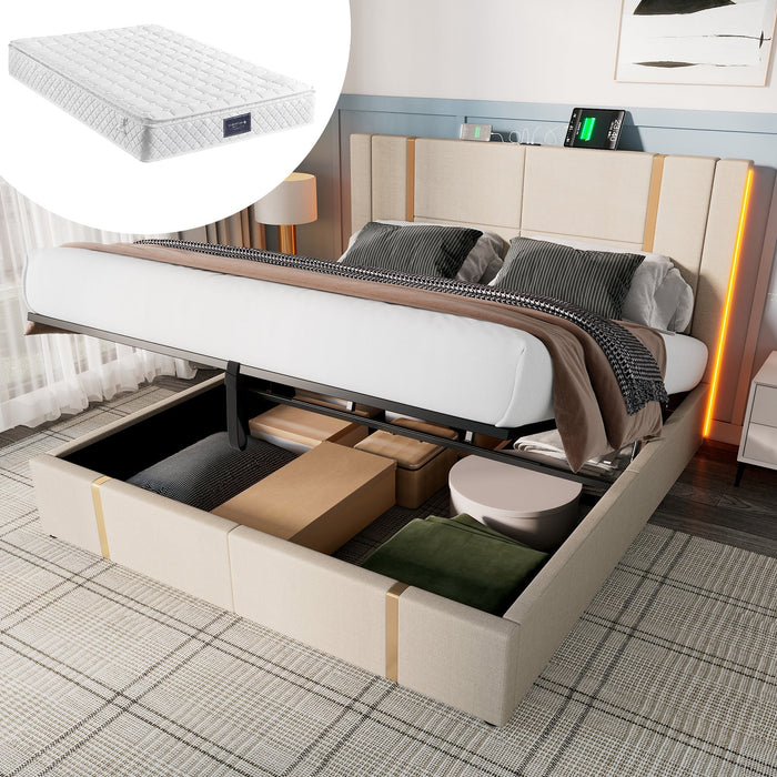 Upholstered Double Bed, 140x200 LED USB-C Storage, Beige Linen
