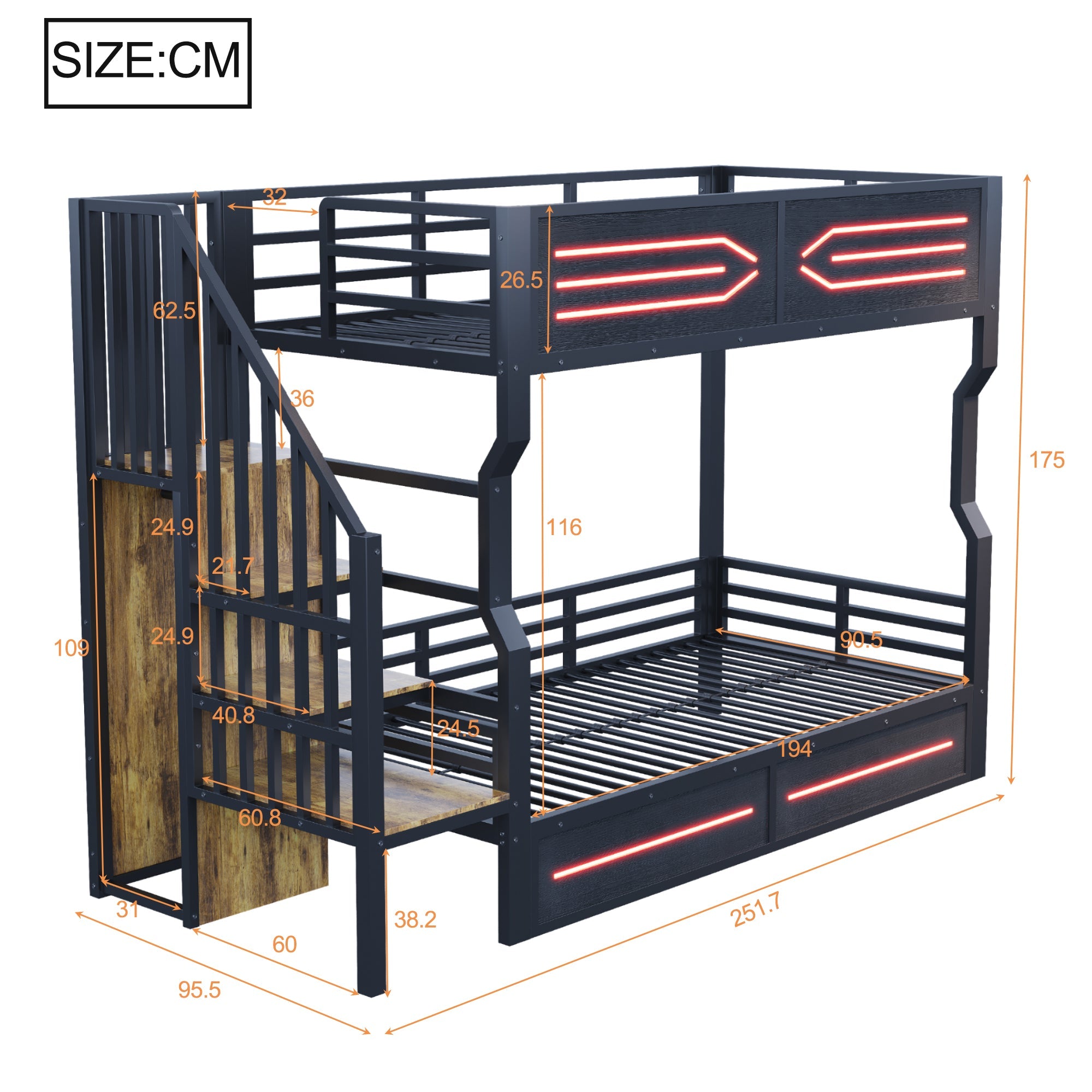 Loft Bed with Storage Stairs, LED Lighting and High Railing, 90x200cm, Black Iron