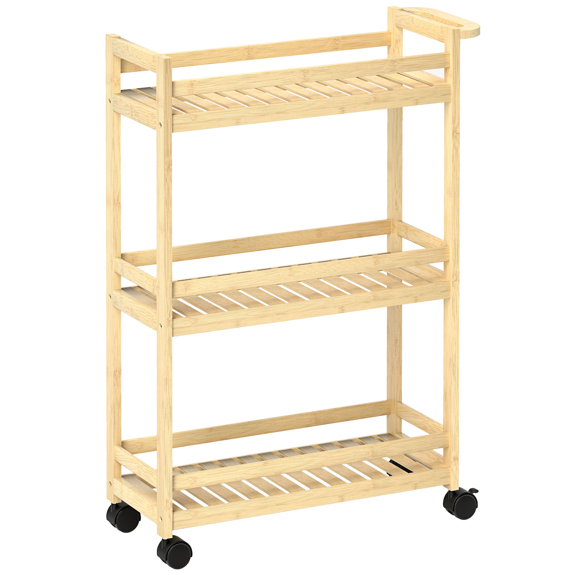 3-Tier Serving Cart, Wheels & Handle, Natural Wood