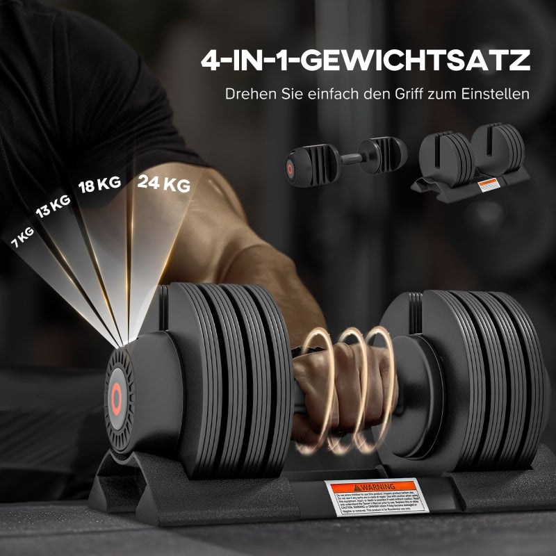 Adjustable Single Dumbbell 7/13/18/24 kg with Storage & Non-Slip Grips - Black