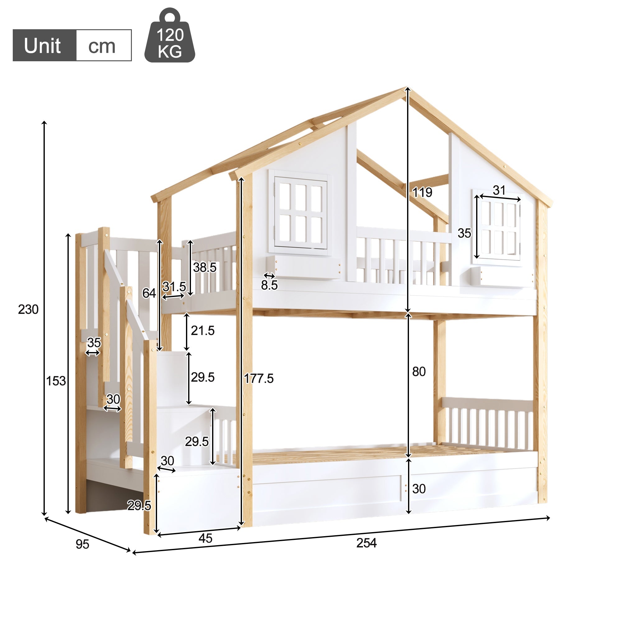 Bunk Bed with Hydraulic Lower Bed, LED Lighting and Storage Stairs, 90x200cm, White and Natural Solid Wood