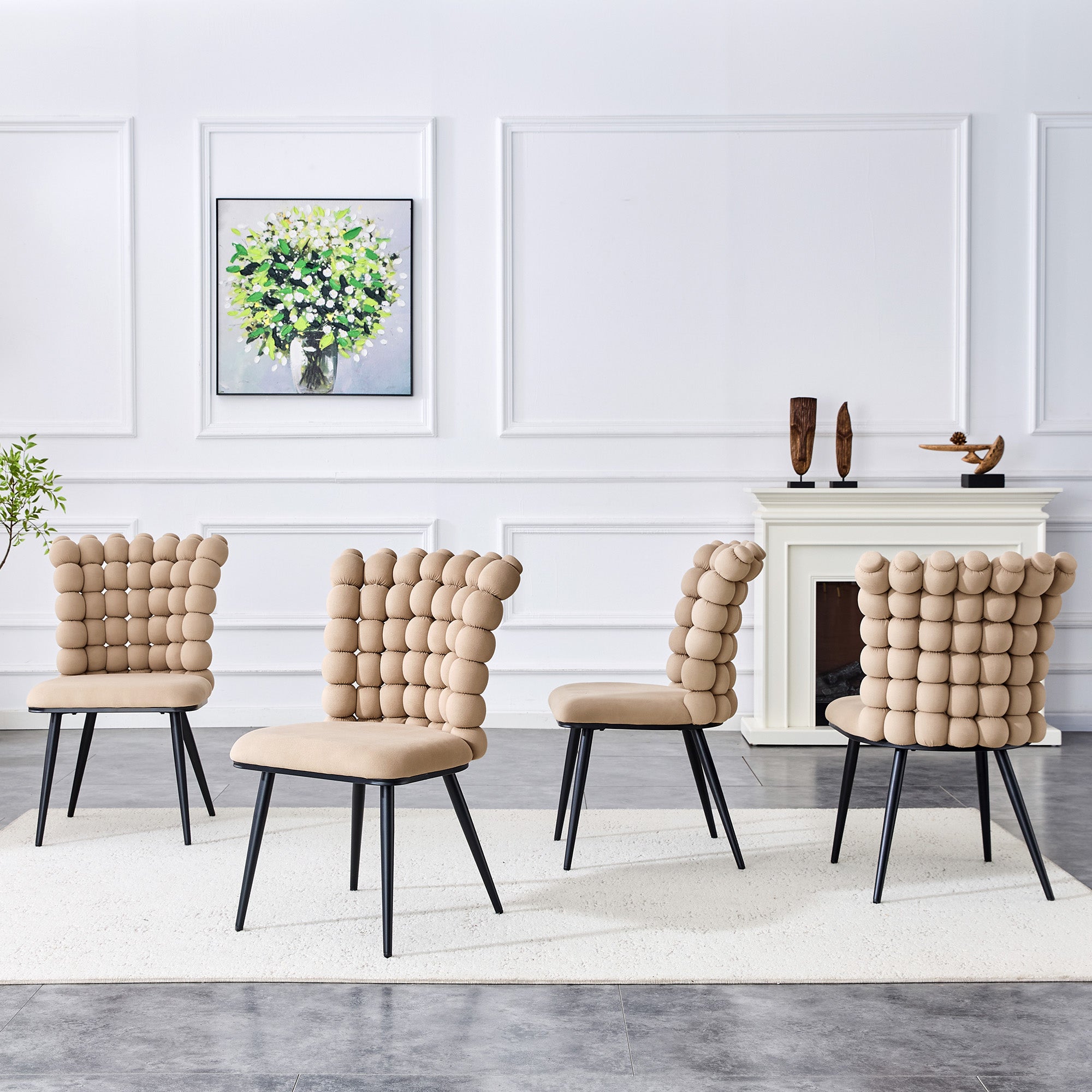 Dining Chairs (Set of 2) Velvet Beaded Chain Black Metal Legs - Camel