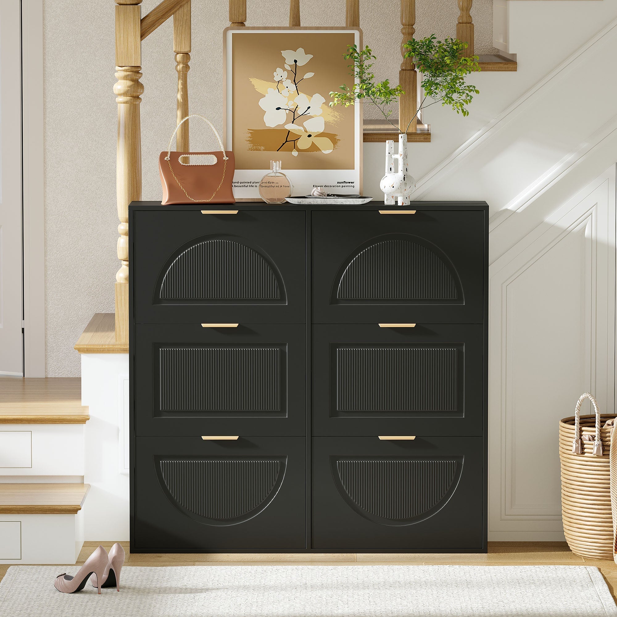 Shoe Cabinet 6 Flap Compartments Freestanding Open Shelves Black