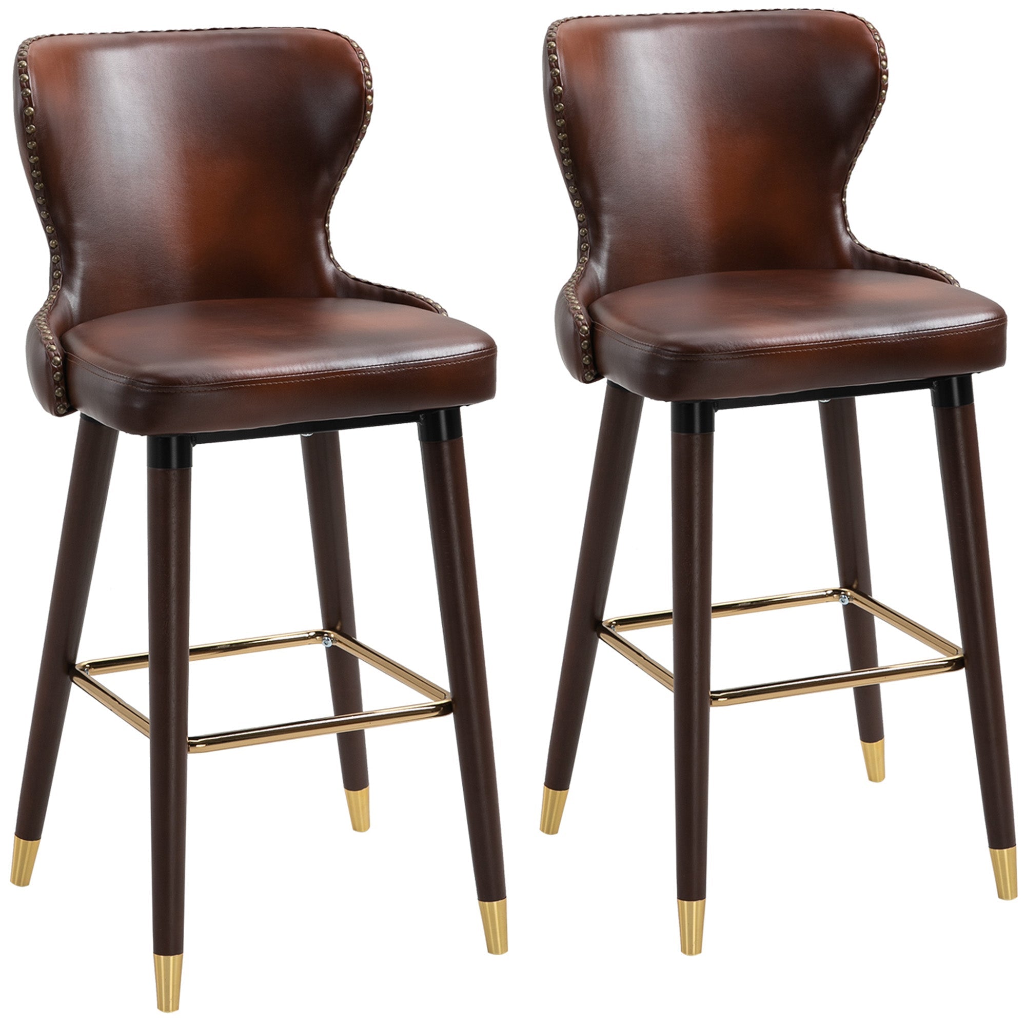 Bar Stools Set of 2, Counter-Height Kitchen Stools with Back, Brown PU Leather