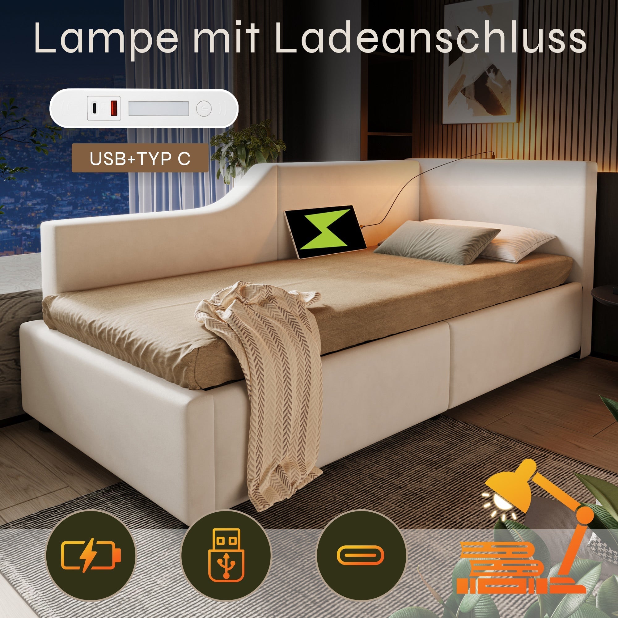 Daybed, 90x200cm Sofa with Hydraulic Storage, Reading Light & USB-C, Velvet Beige