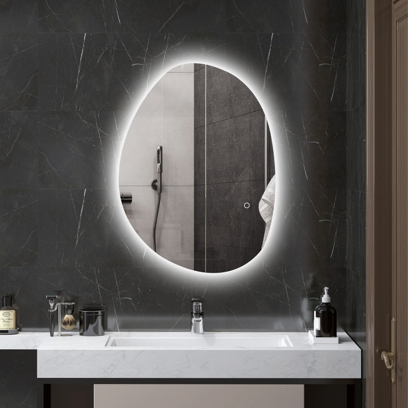 Asymmetrical Bathroom Mirror, LED Light, Smart Touch, Anti-Fog, Silver