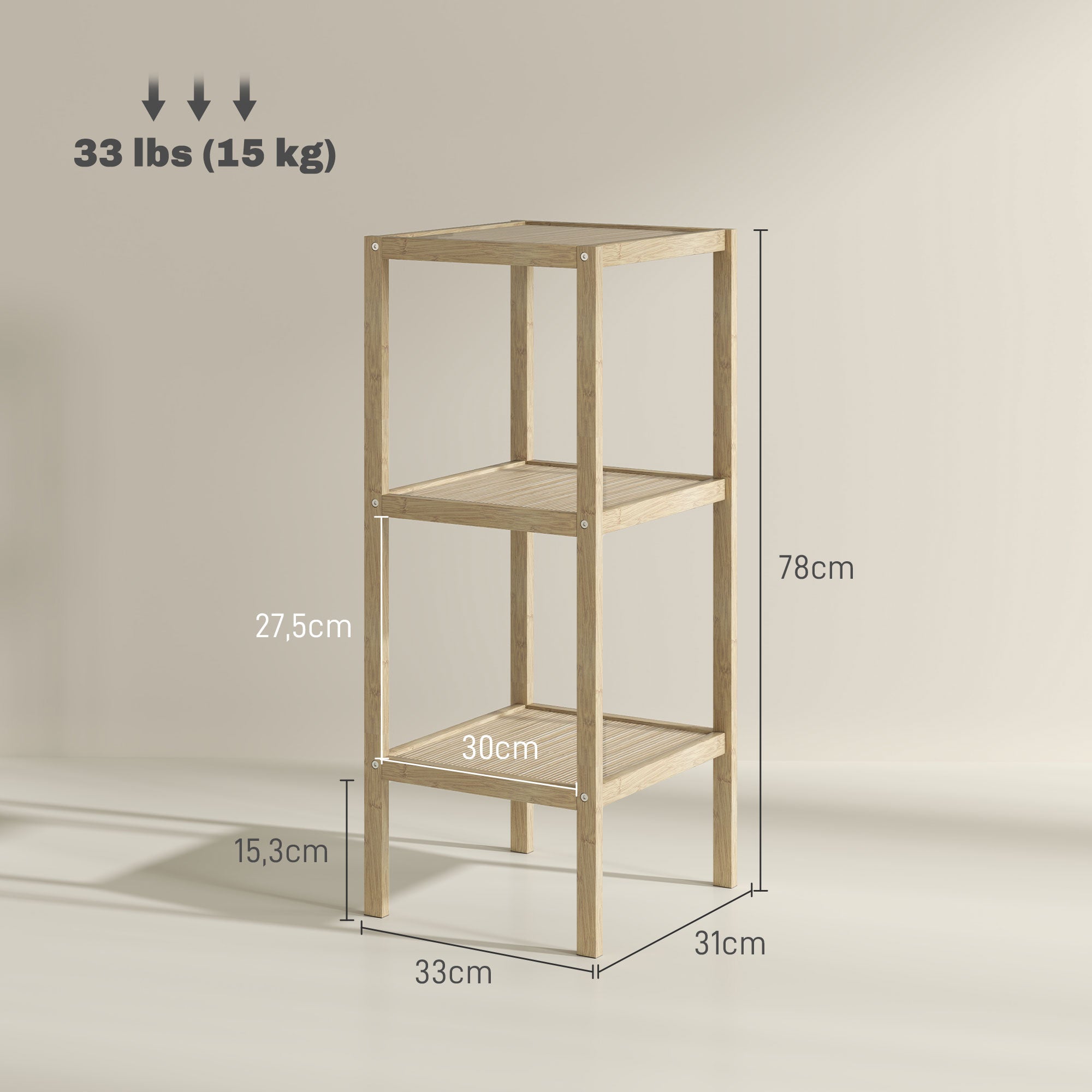 Bathroom Shelf, 3-Tier Freestanding Storage, Natural Wood