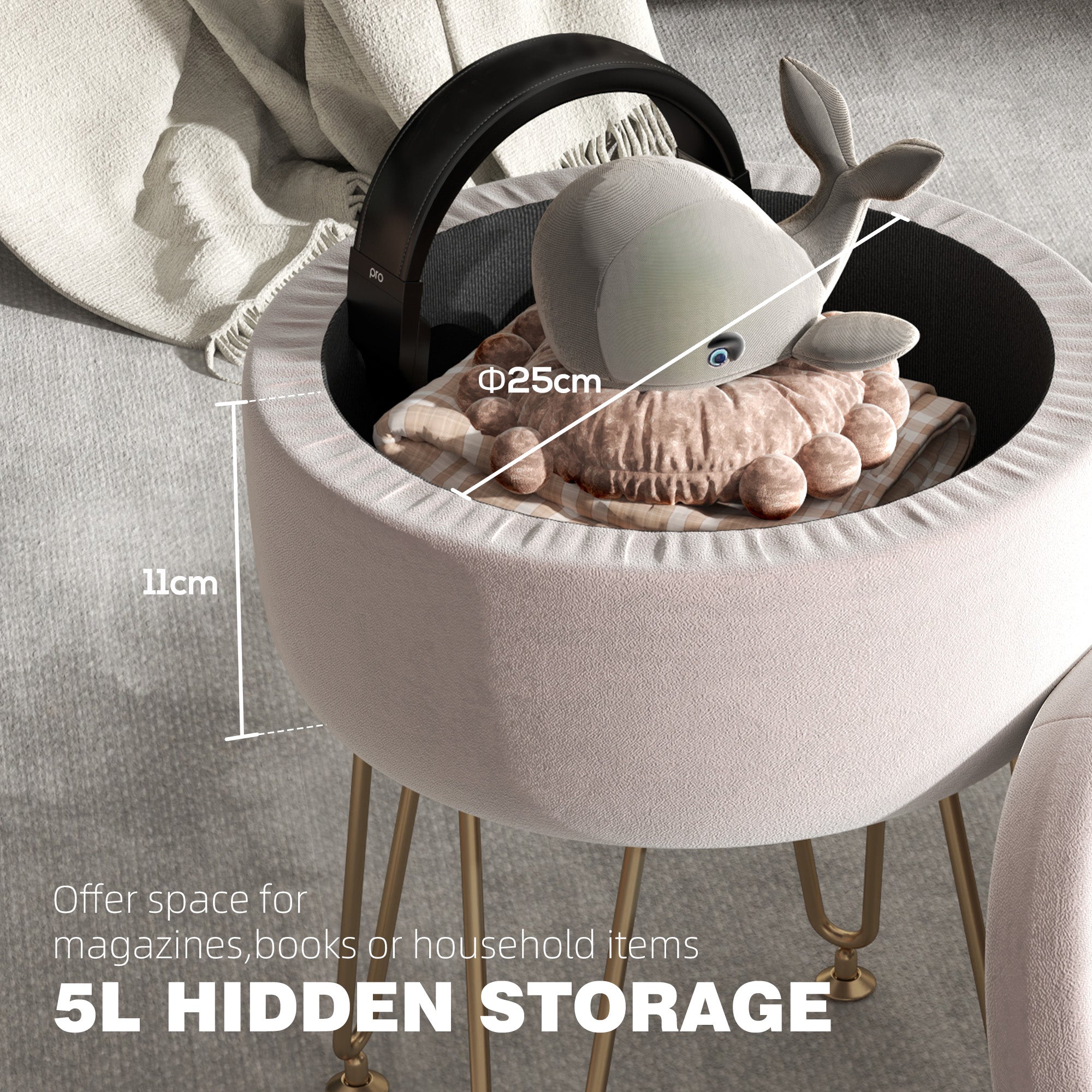 Storage Ottoman 5L Padded Top Light Pink Velvet-Feel