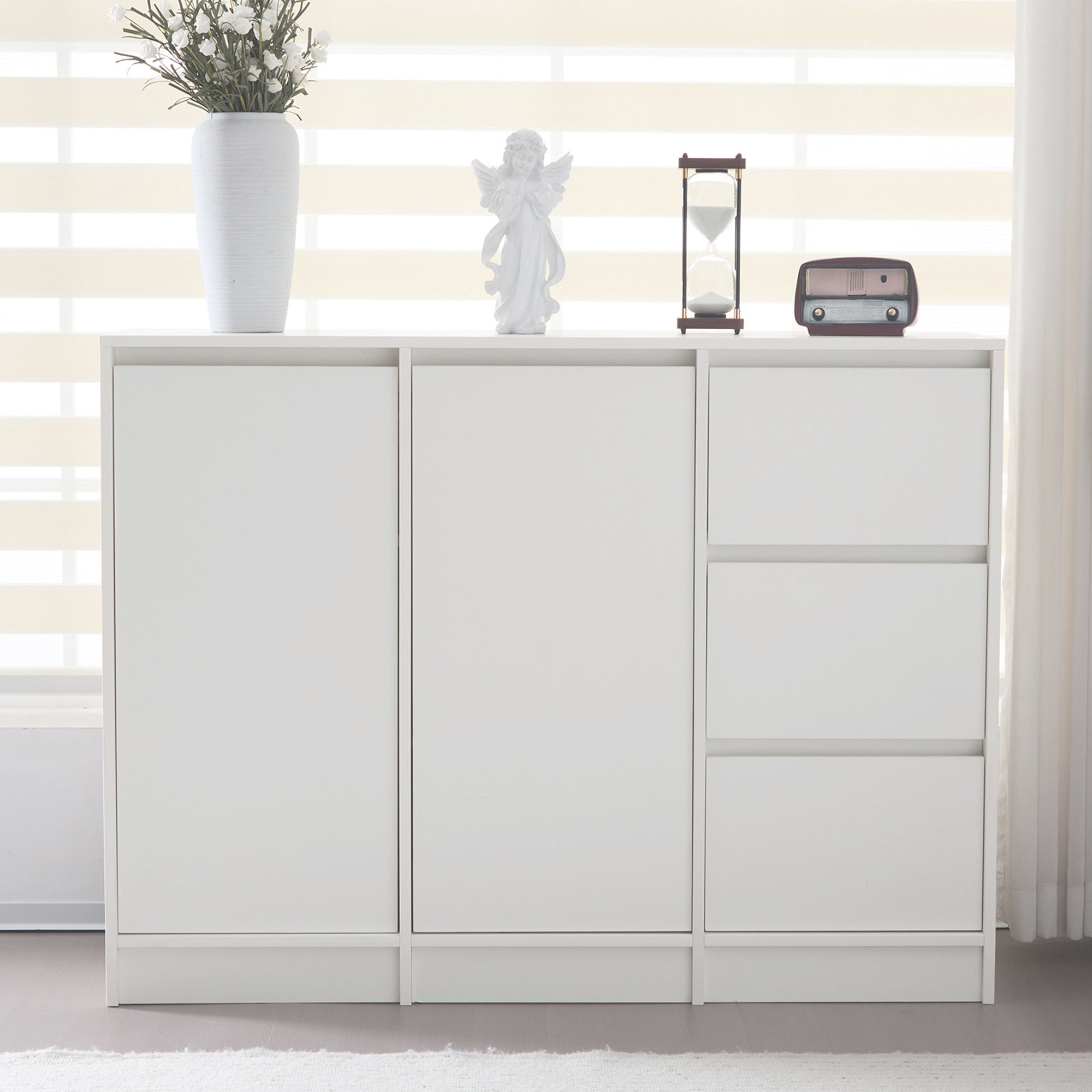 Modern Sideboard Chest of Drawers Shoe Cabinet with Storage, Two Doors, Three Drawers, Adjustable Shelf, White