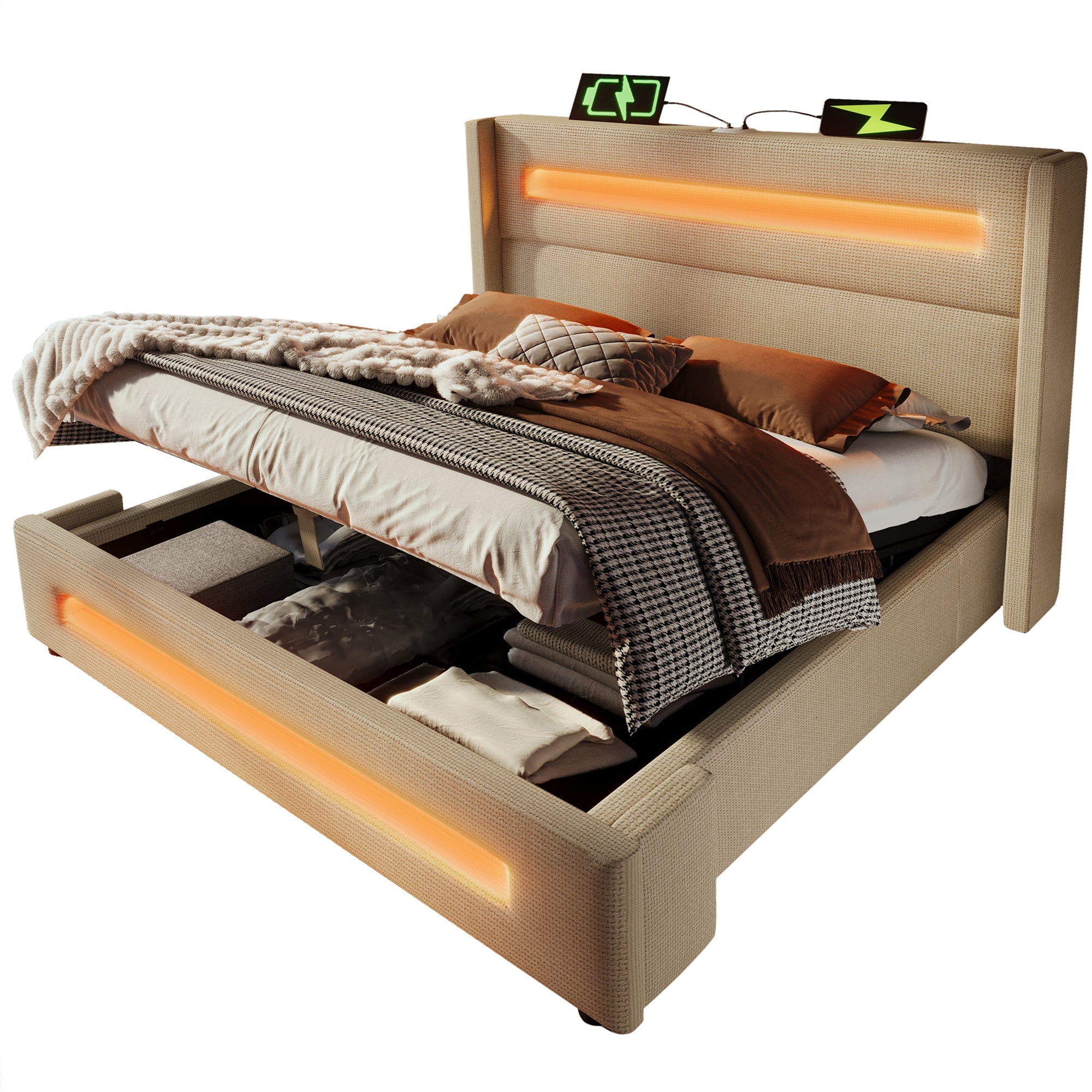 Upholstered Double Bed 140x200 cm, LED, Hydraulic Storage, USB-C, Metal Frame, Beige Linen