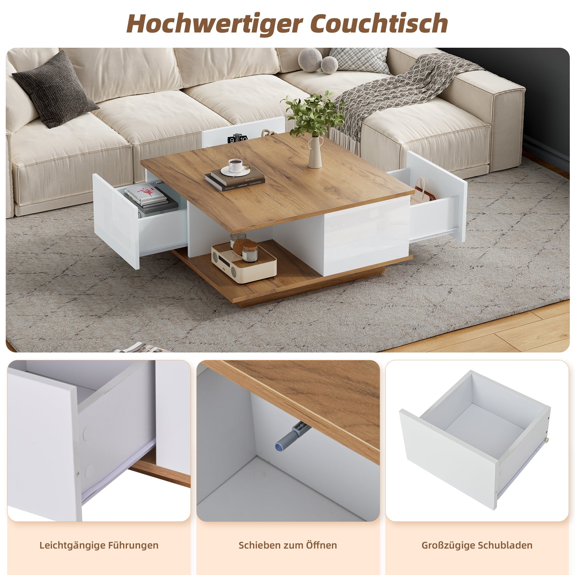 Coffee Table 70x70x31.5cm, 3 Drawers, High-Gloss, White & Original Wood Color