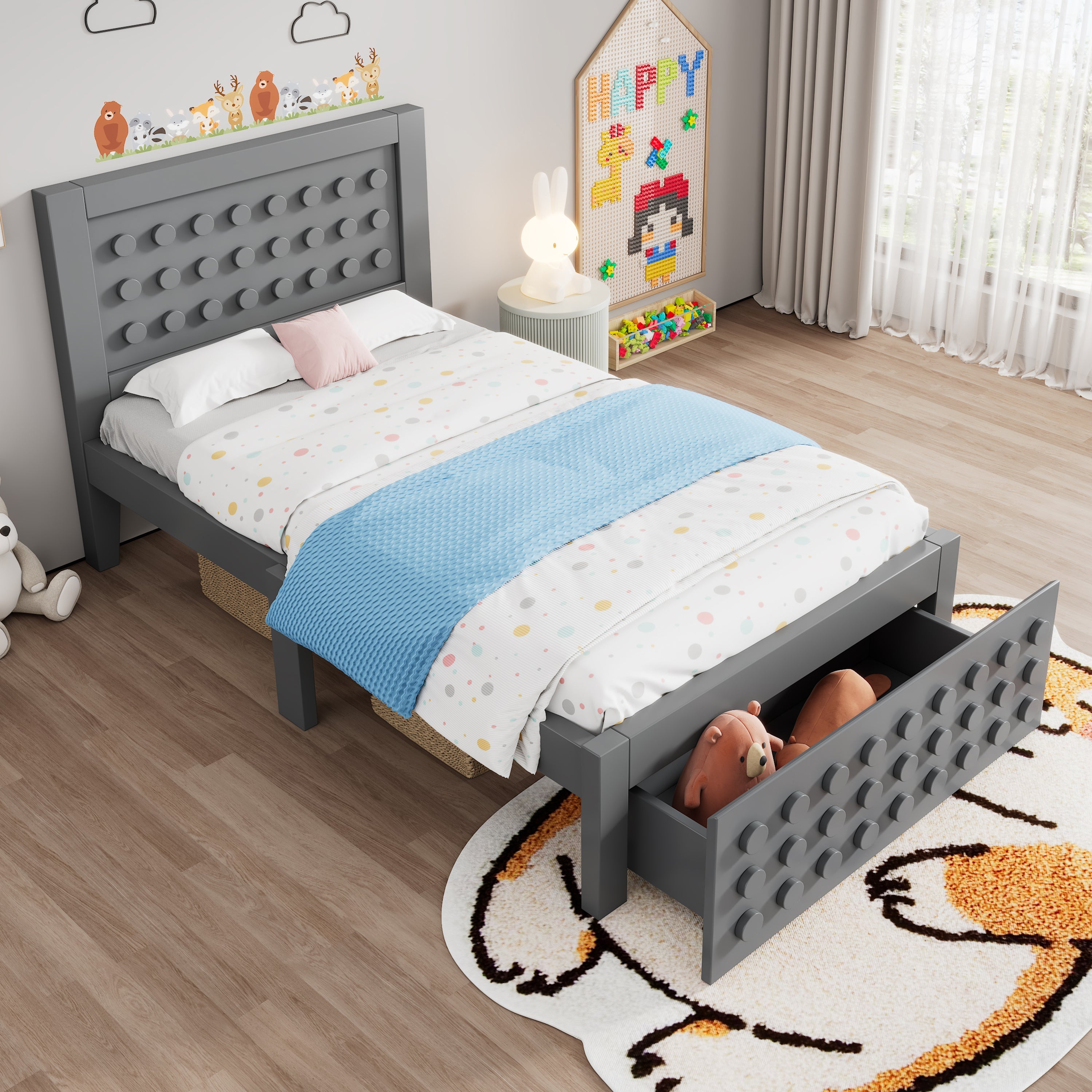Single Bed, 90x200cm Creative Block Design with Drawers & Storage, Grey Wood