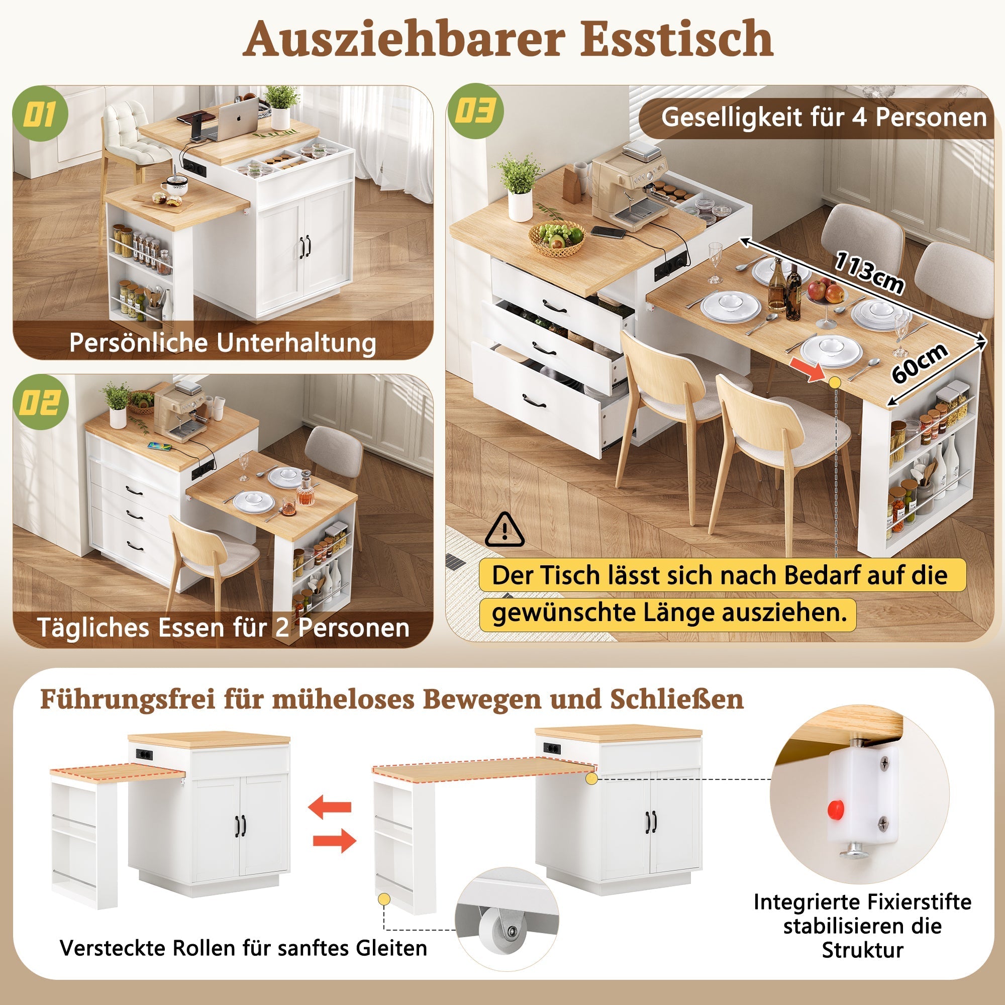 Mobile Kitchen Island Extendable Dining Table with LED & Power Strips - White
