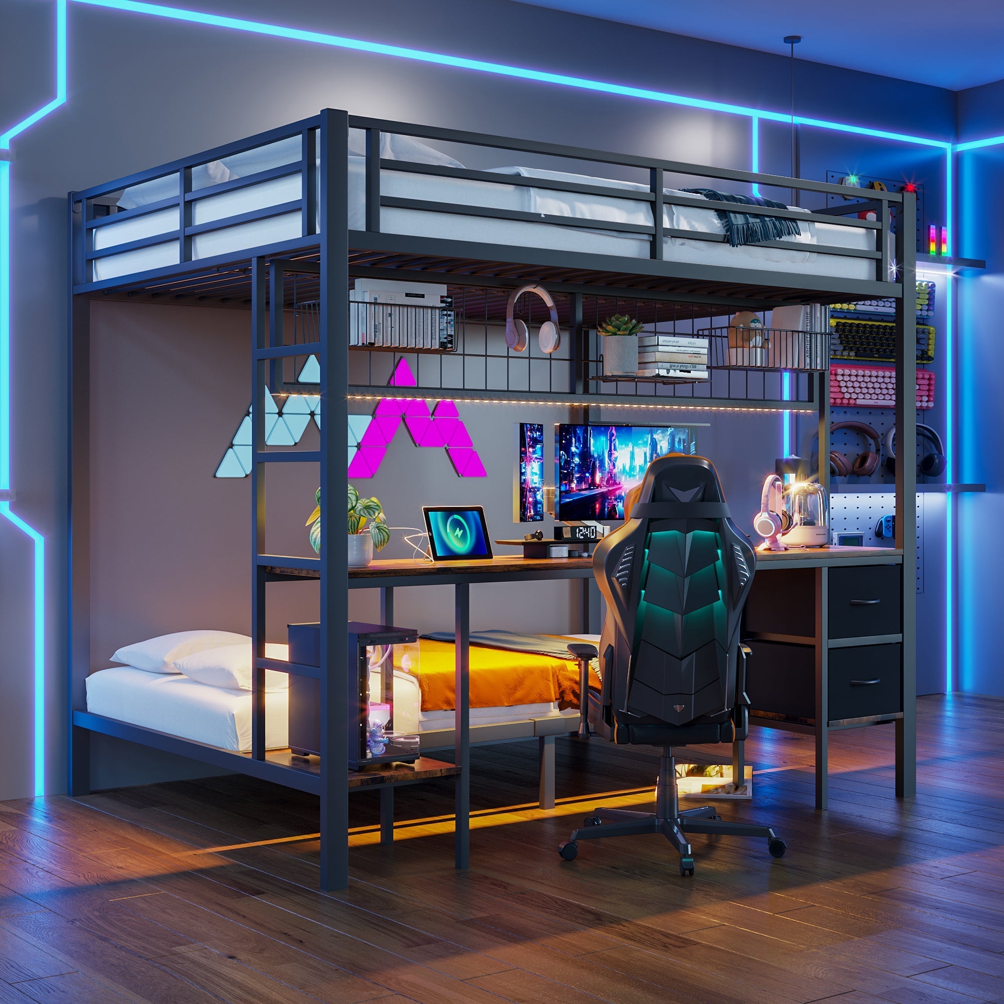 Loft Bed 90x200/140x200 Iron Frame Drawers Desk Storage LED USB Black