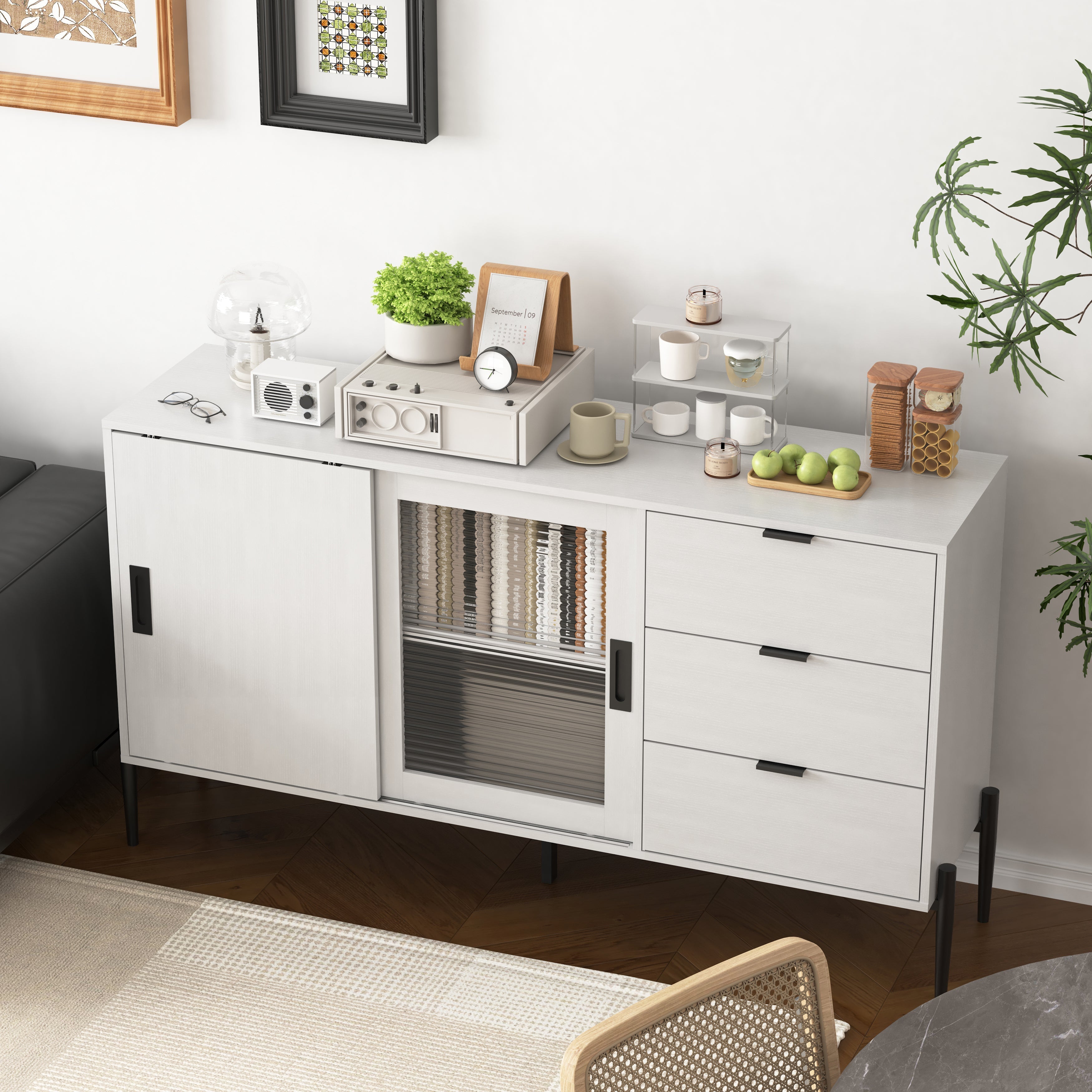 Sideboard Glass Sliding Door 3 Drawers Console Table - White