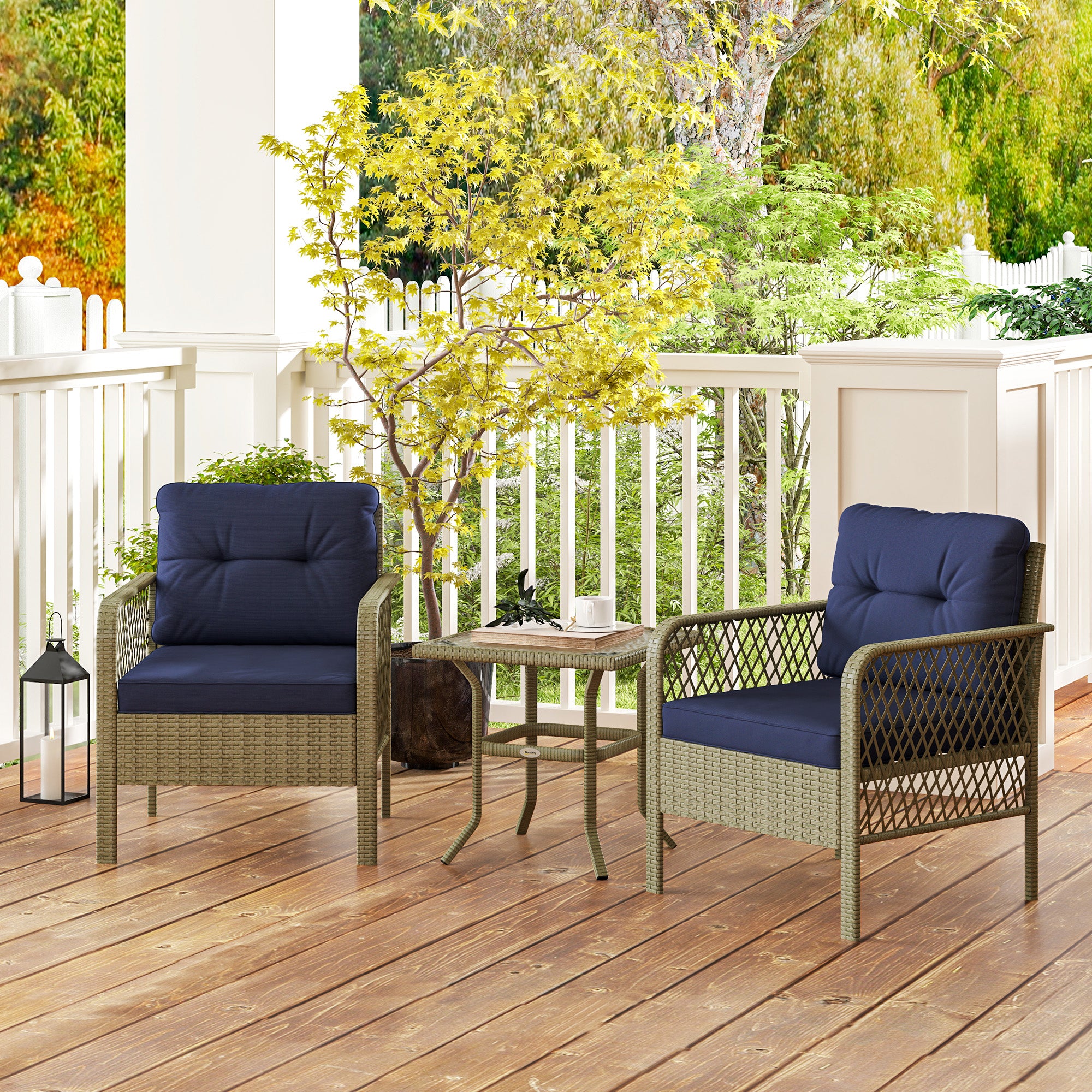 3 Pieces Rattan Bistro Set, Glass Top Table & Cushioned Chairs, Charcoal Grey