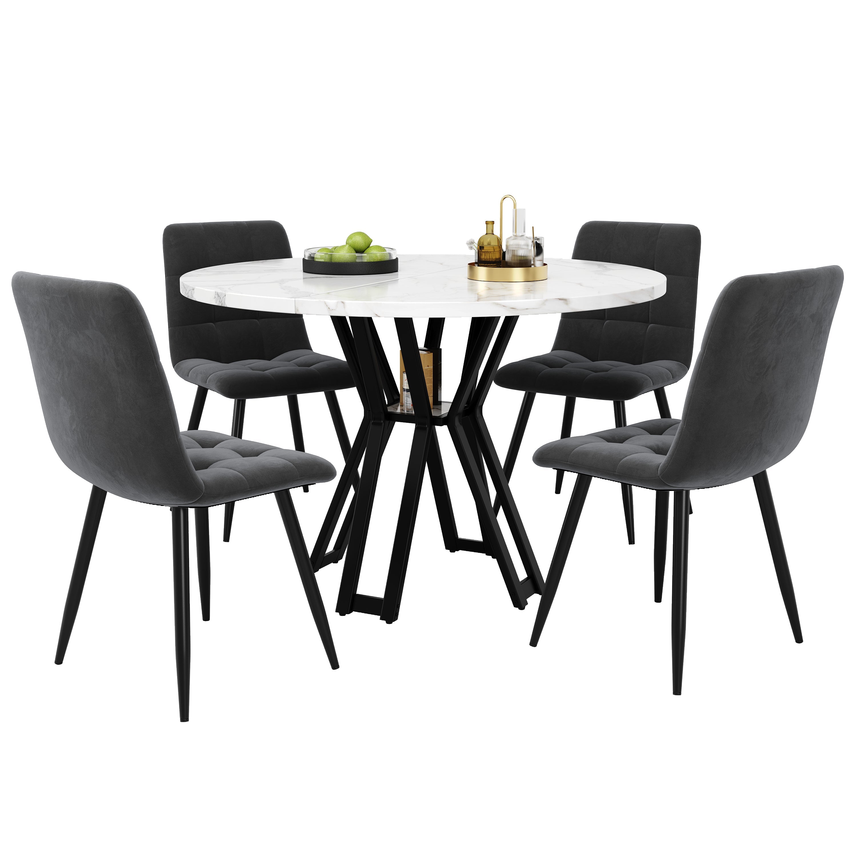 Dining Set 5-Piece Round 100cm Marble Top 4 Velvet Chairs - White/Grey/Black