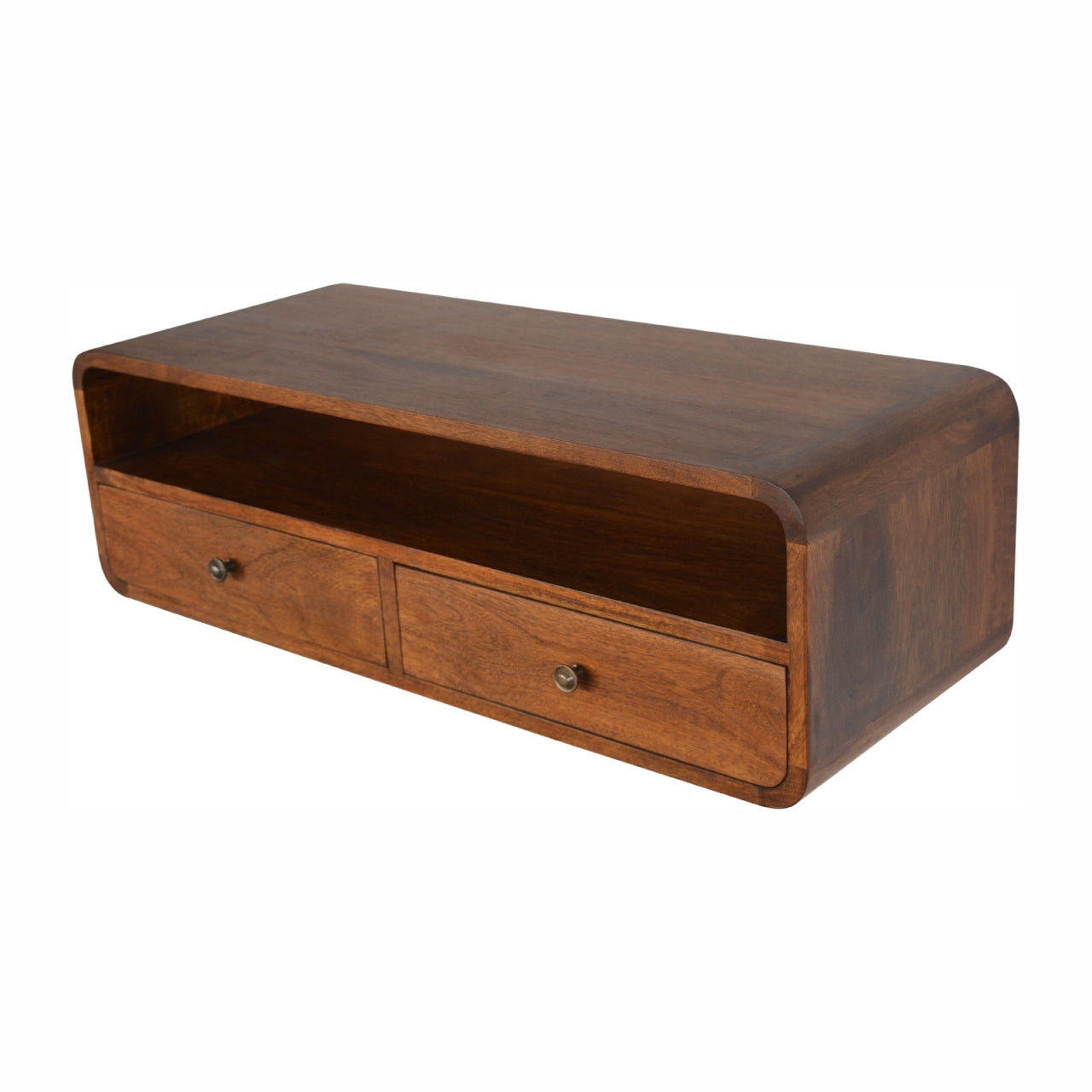 Solid Wood Floating Console, 2 Drawers 1 Shelf, Dark Brown Chestnut