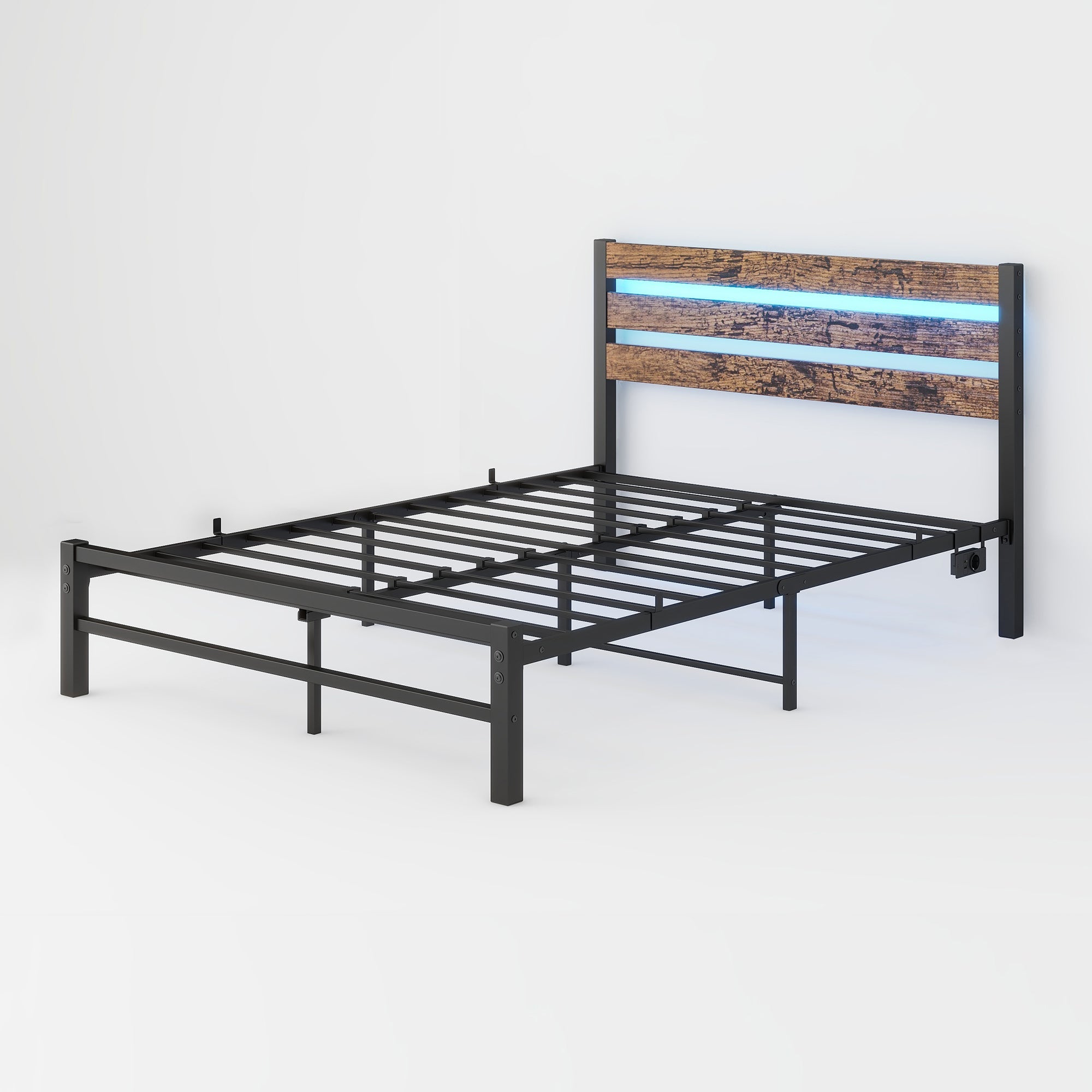 Bed Frame with Headboard, 120x200cm, USB Charging Station & LED, Metal