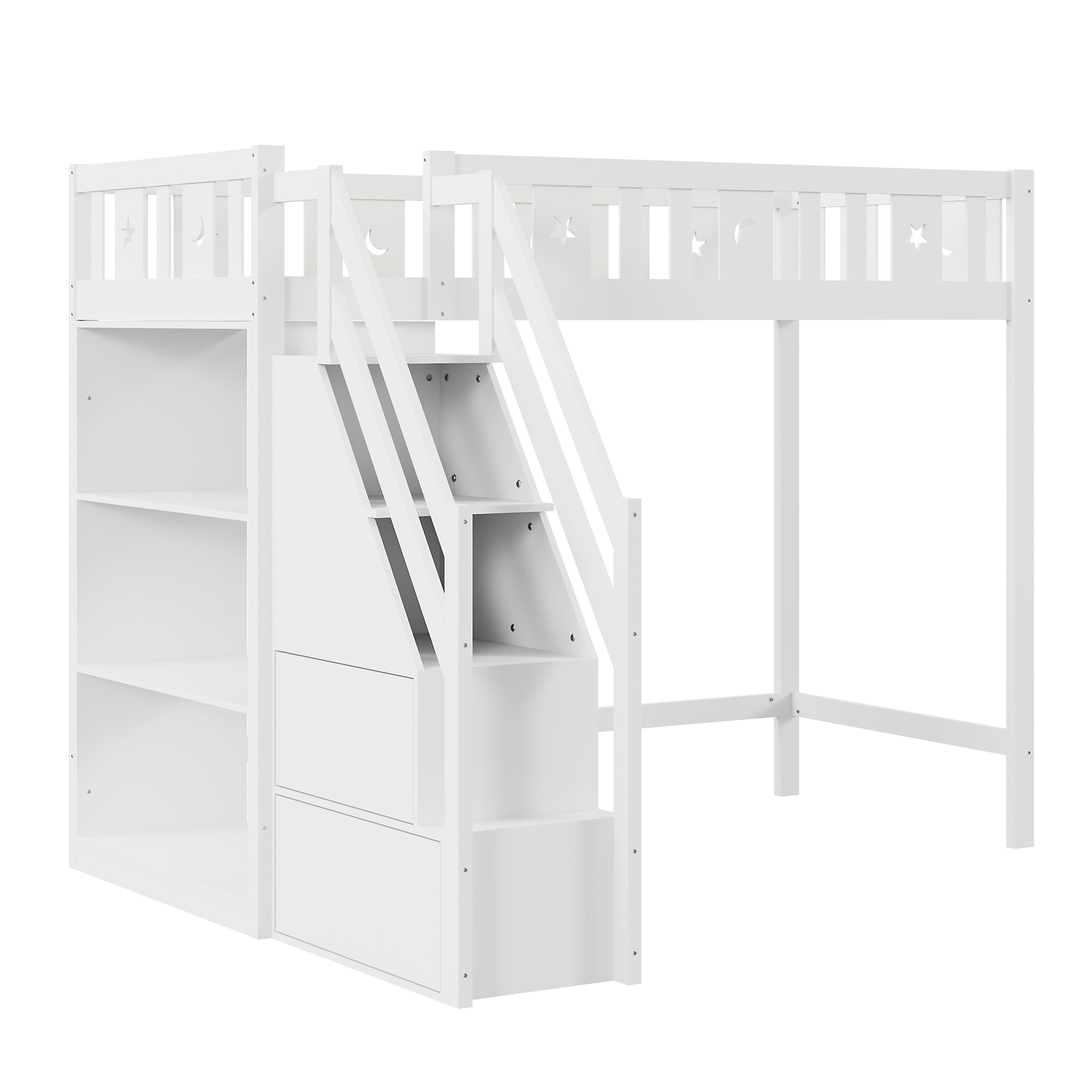 Loft Bed with Storage Ladder & Shelves, Single Wooden, Solid Wood Frame, White