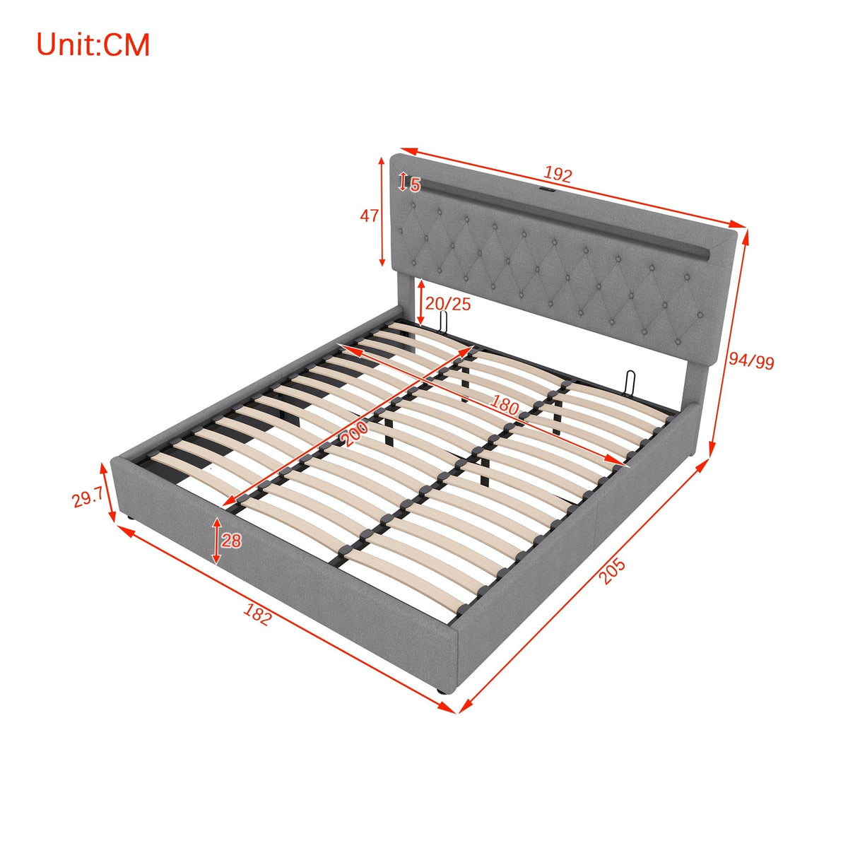 Upholstered Bed 180x200cm Hydraulic Lift Ambient Light USB - Grey