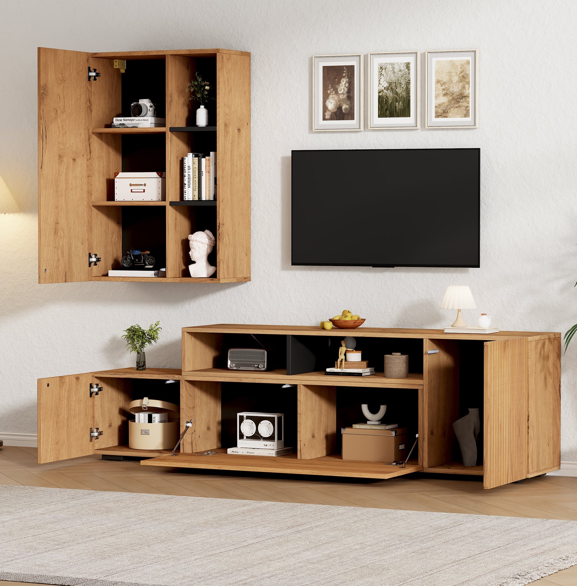 TV Wall Unit Set, 2-Piece Media & Display Cabinet, up to 120" TV, Wood & Black