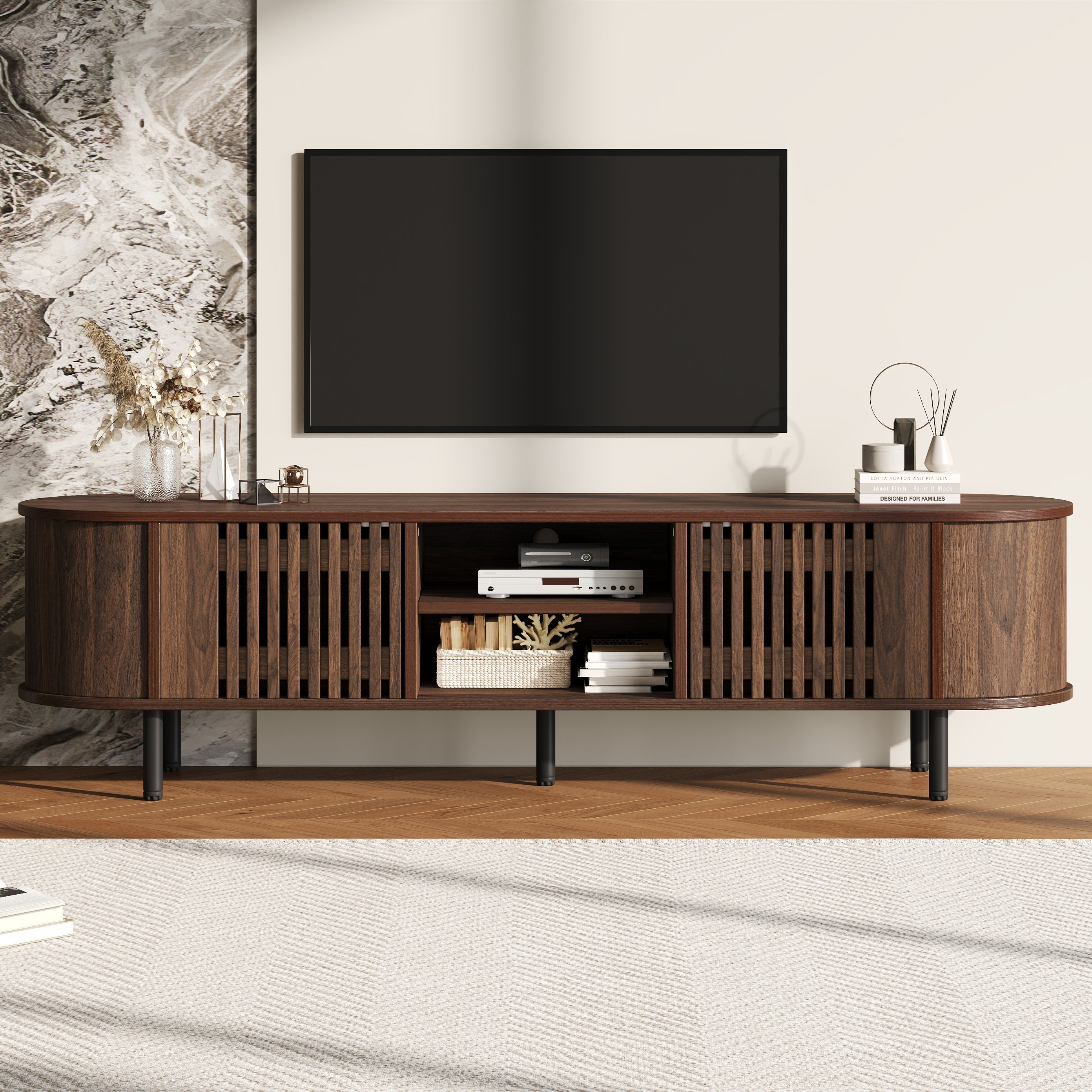 TV Cabinet Lowboard with 2 Cabinets, Openwork Wood Design, Walnut