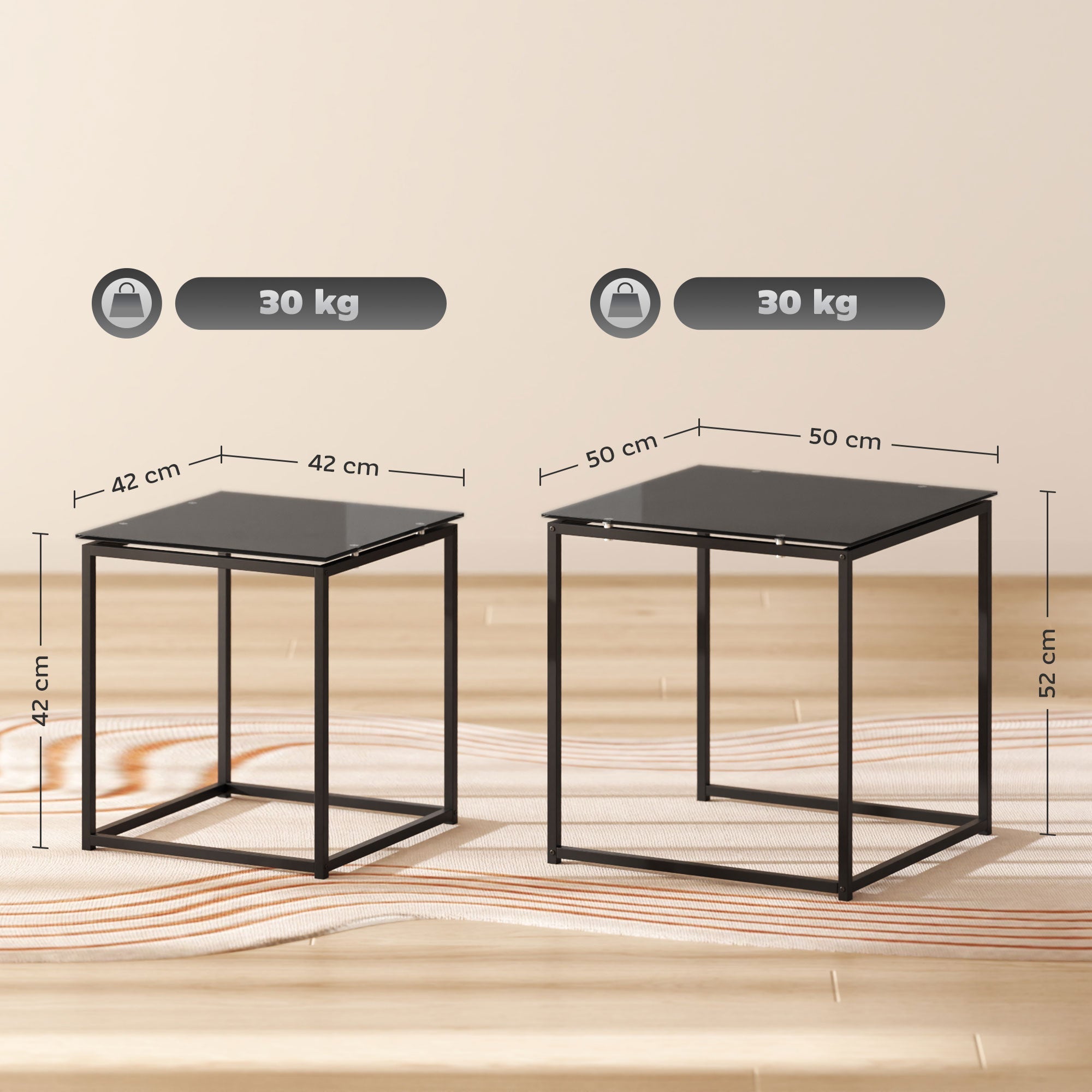 Side Table Set of 2, Coffee Table with Glass Top, Square, Black Steel