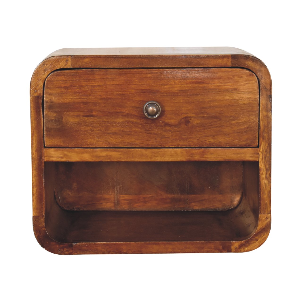 Floating Bedside, Mini Curve 1 Drawer Open Slot, Solid Wood Dark Brown