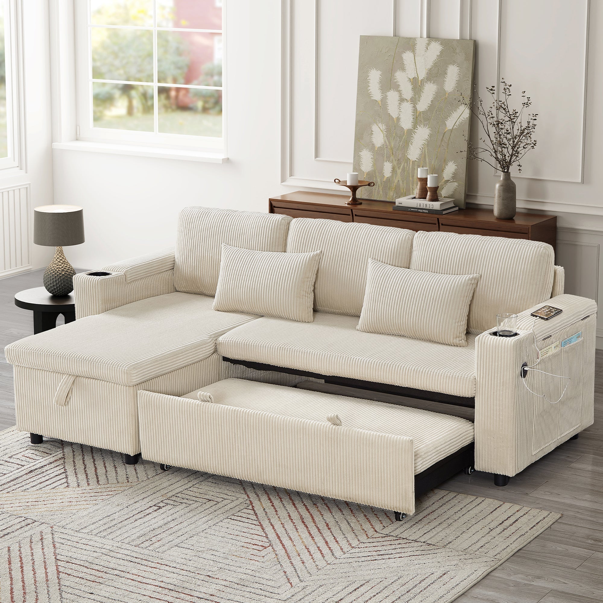 3 in 1 Convertible Corduroy Sofa Bed with Storage Chaise, L-Shaped Sleeper Sofa Couches with Armrest Storage and Charging Station, Pullout Sectional Daybed for Living Room/Bedroom/Office, Beige