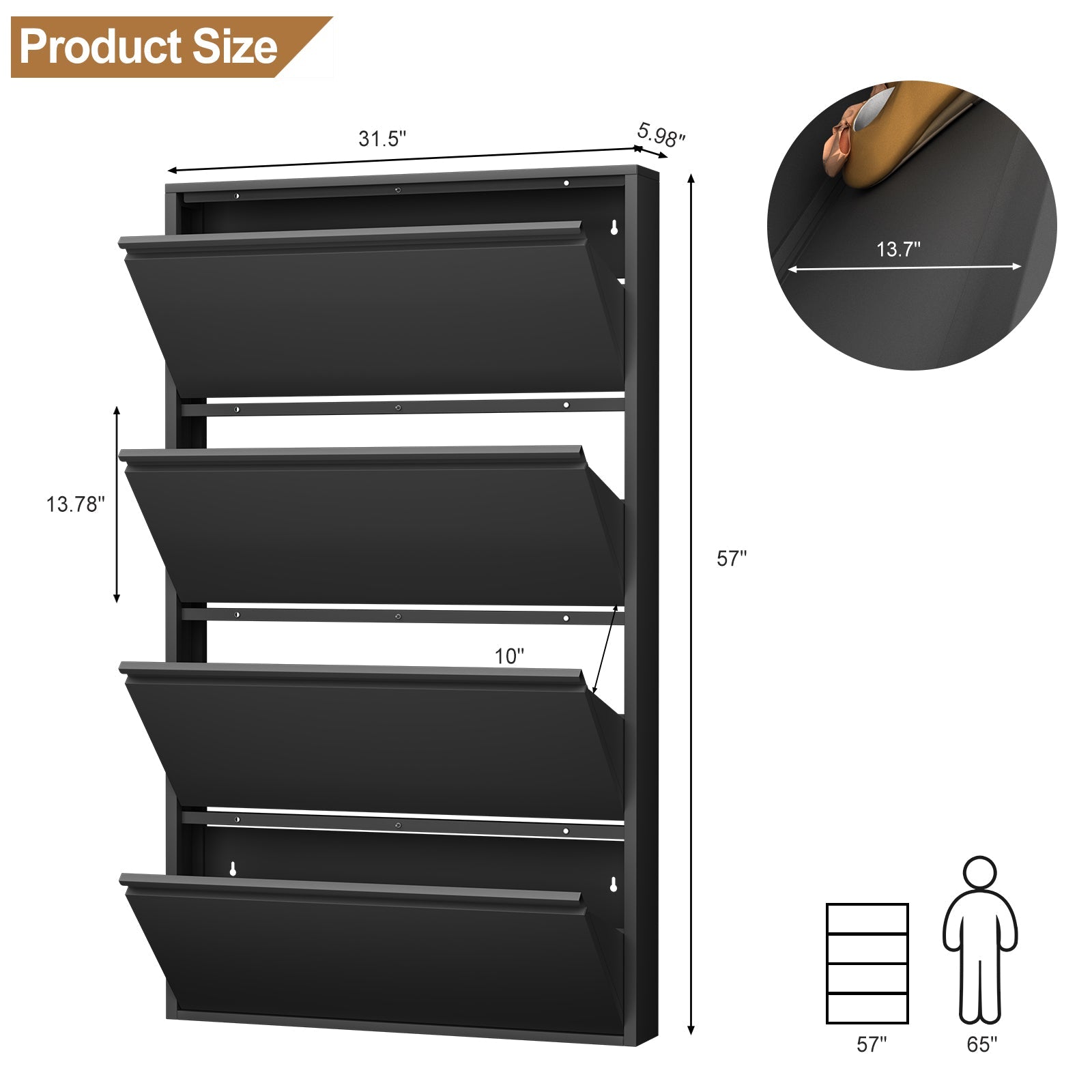 Metal Shoe Cabinet 4 Flip Drawers Narrow Wall Mount Black