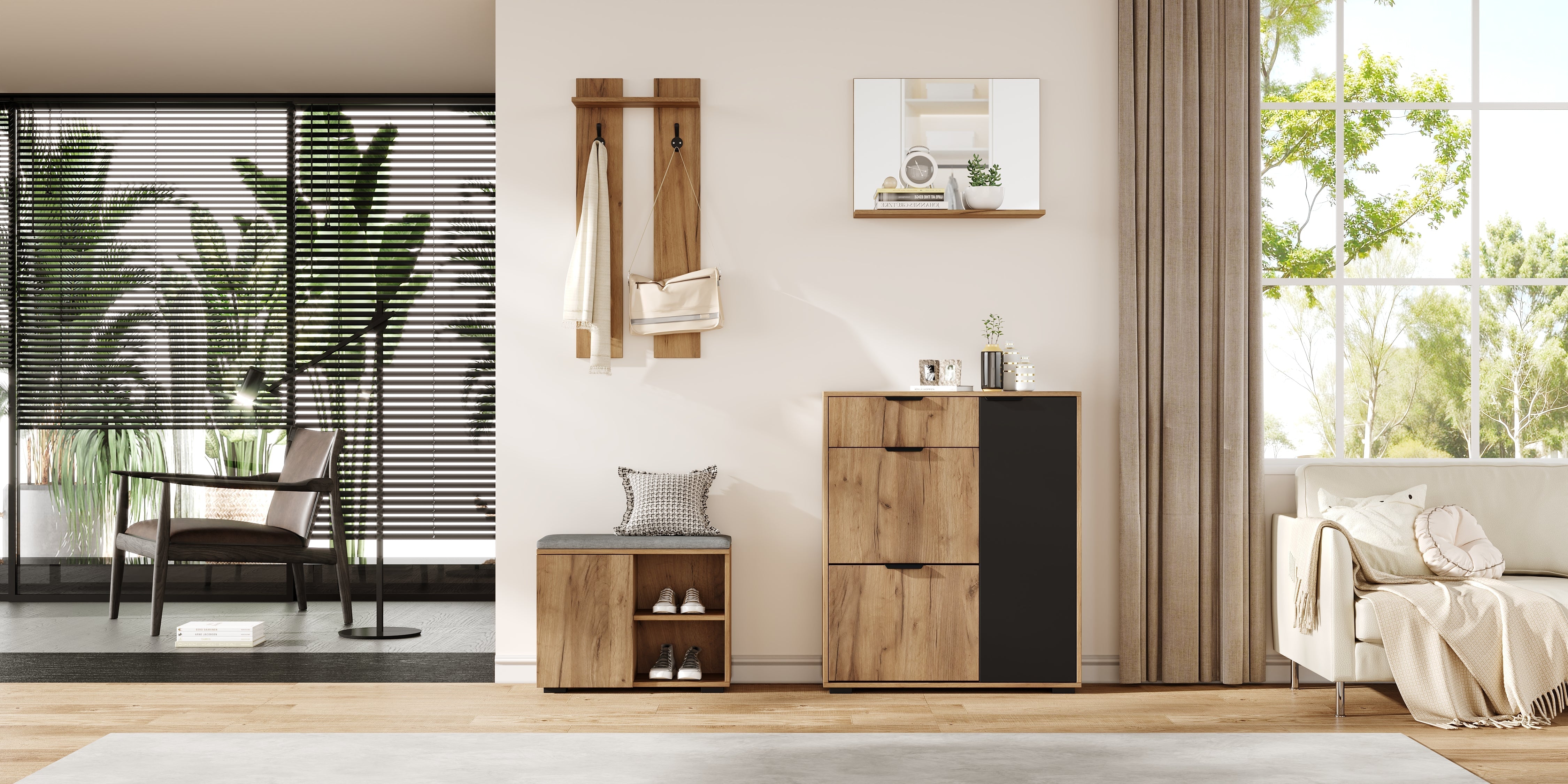 Hallway Wardrobe Set Wall-Mounted with Shoe Bench Shoe Cabinet Mirror Natural and Black