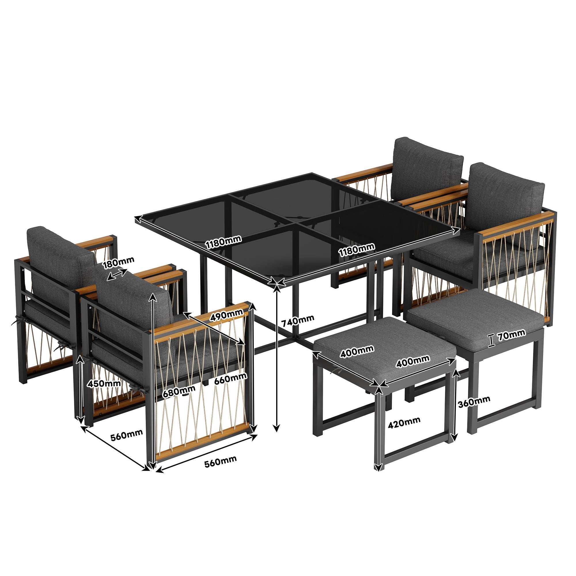 7-Piece Outdoor Dining Set for 6, Tempered Glass Table, Acacia Wood