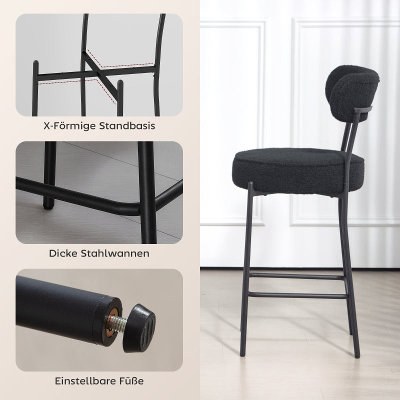 Set of 2 Bar Stools Upholstered Seat Footrest Fleece Cover - Black