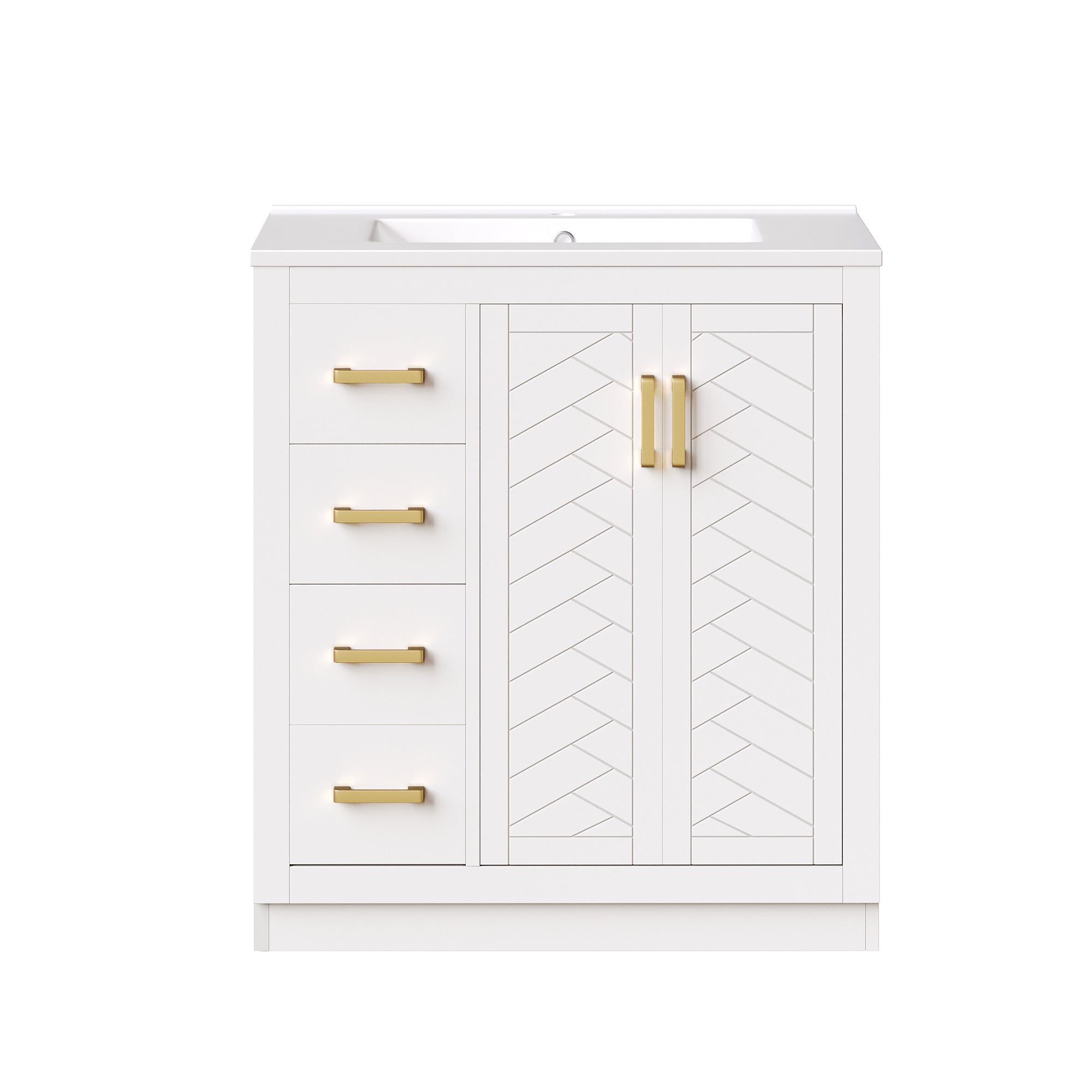 Bathroom Vanity Unit with Ceramic Sink and Side Storage Shelf, White