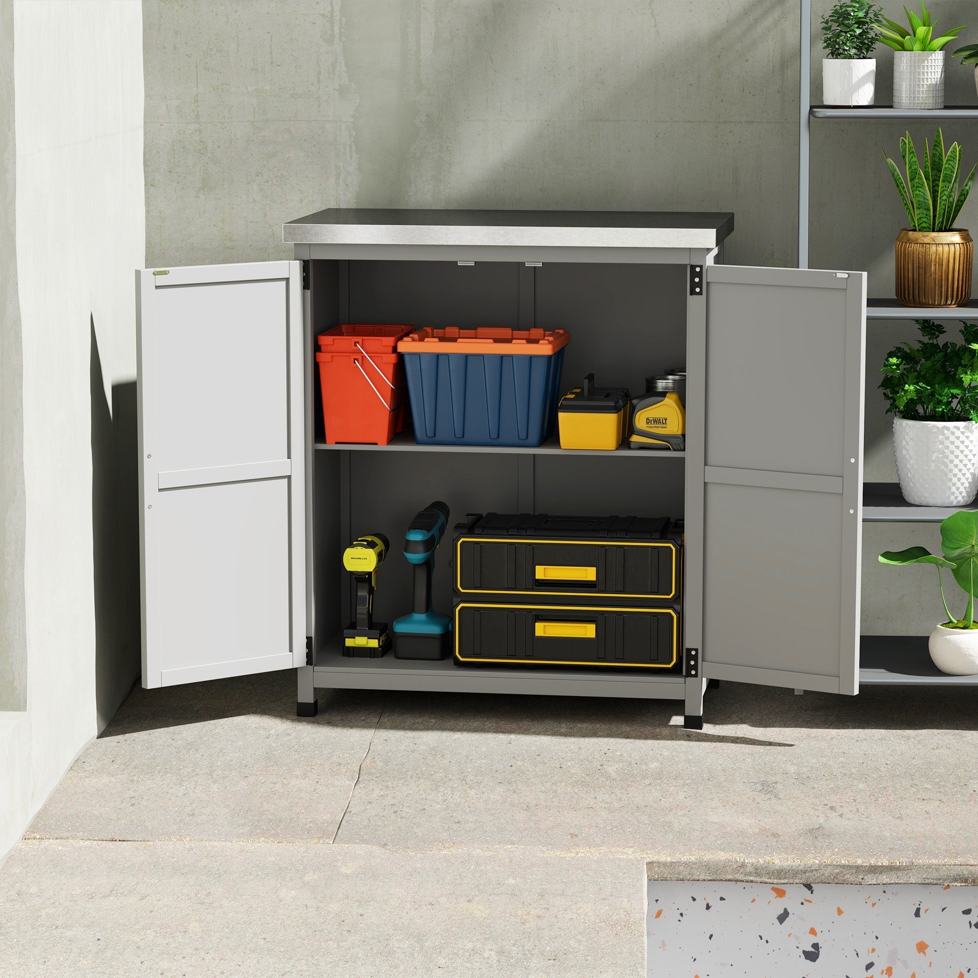 Wooden Garden Shed Outdoor Storage Cabinet with Worktop, Double Doors, Shelf, Grey