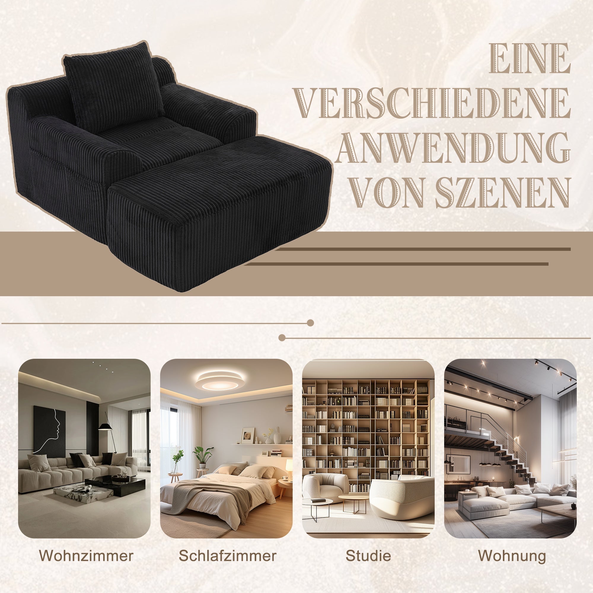 Oversized Sofa Chair, Deep Seat Boneless Upholstered with Side Pockets, Corduroy