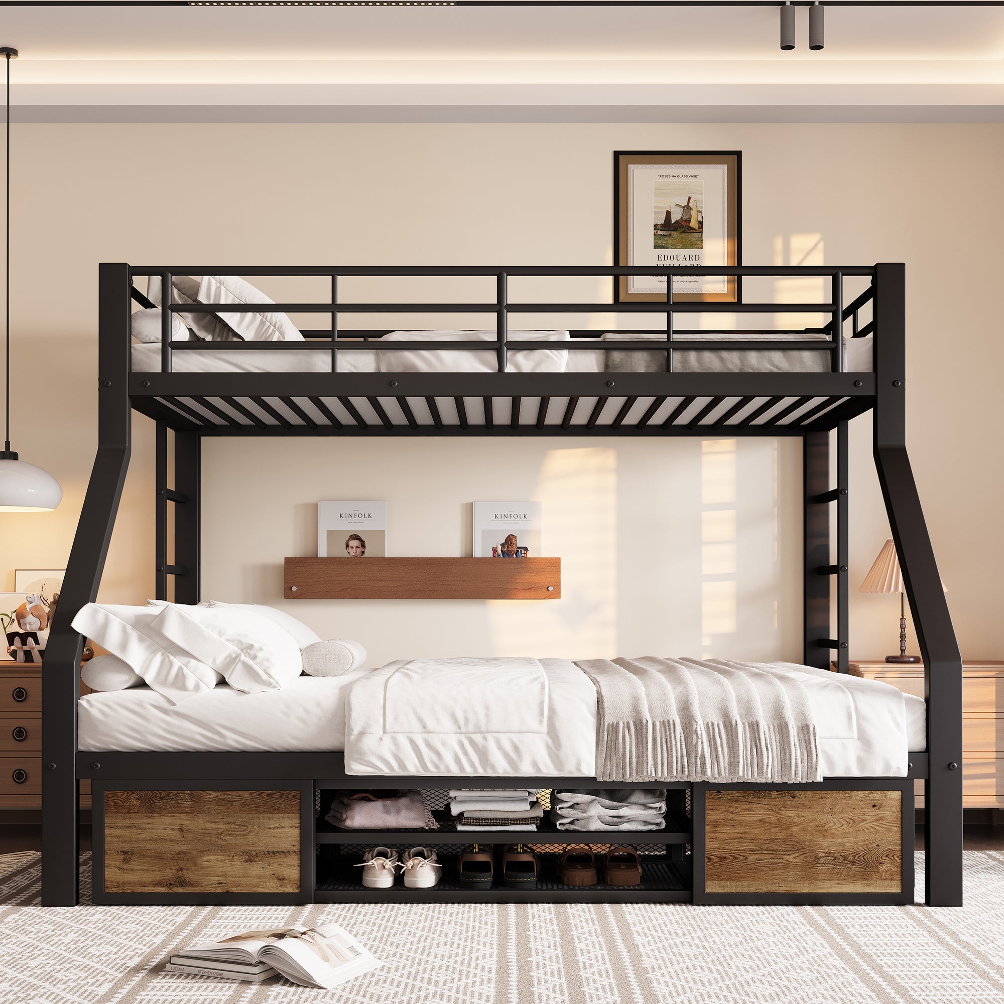 Bunk Bed for Children with Shoe Rack, Storage Compartments and Safety Rails, Black