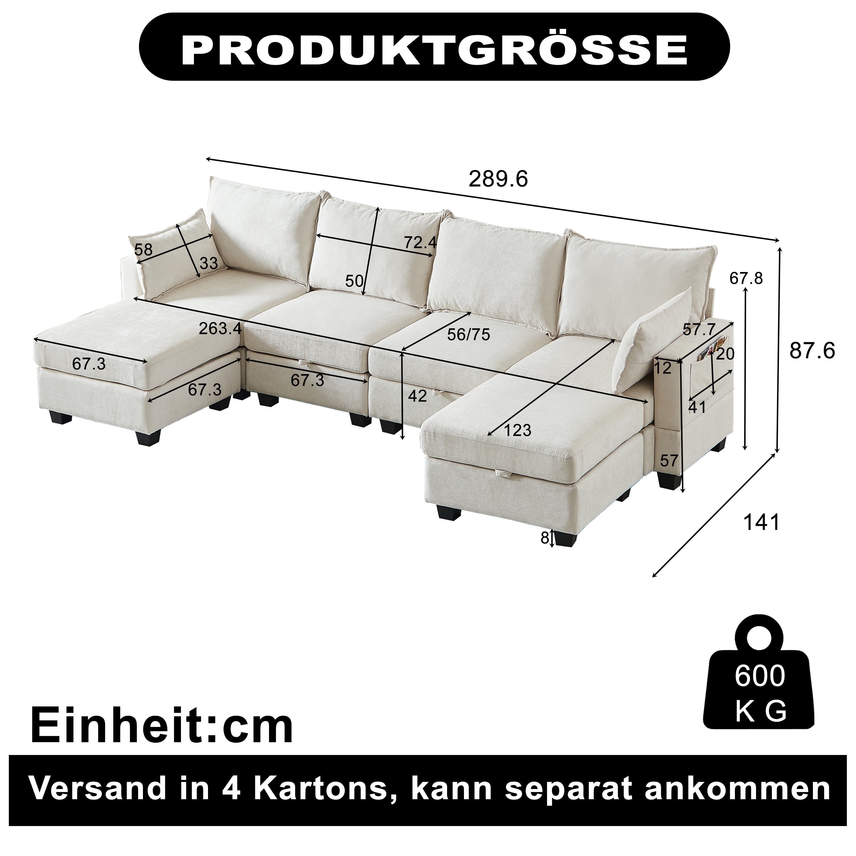 Modular Corner Sofa U-Shaped 6-Seater Storage Ottoman Chaise - Chenille