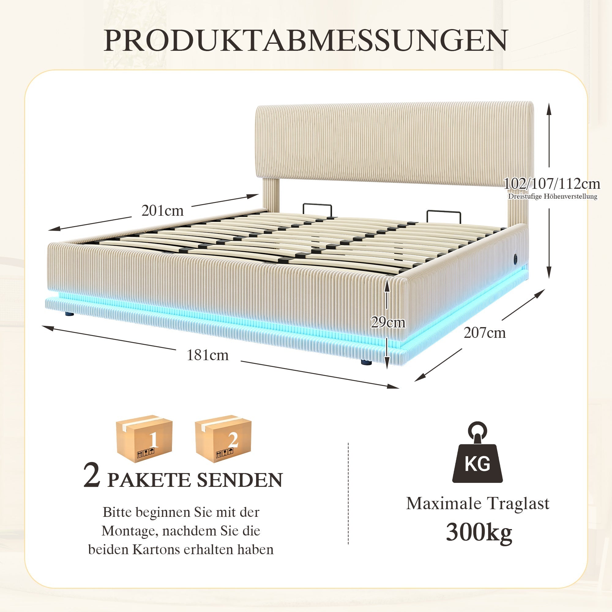 Modern Upholstered Bed with LED Lighting, USB-C and Storage, 180x200 Beige Corduroy