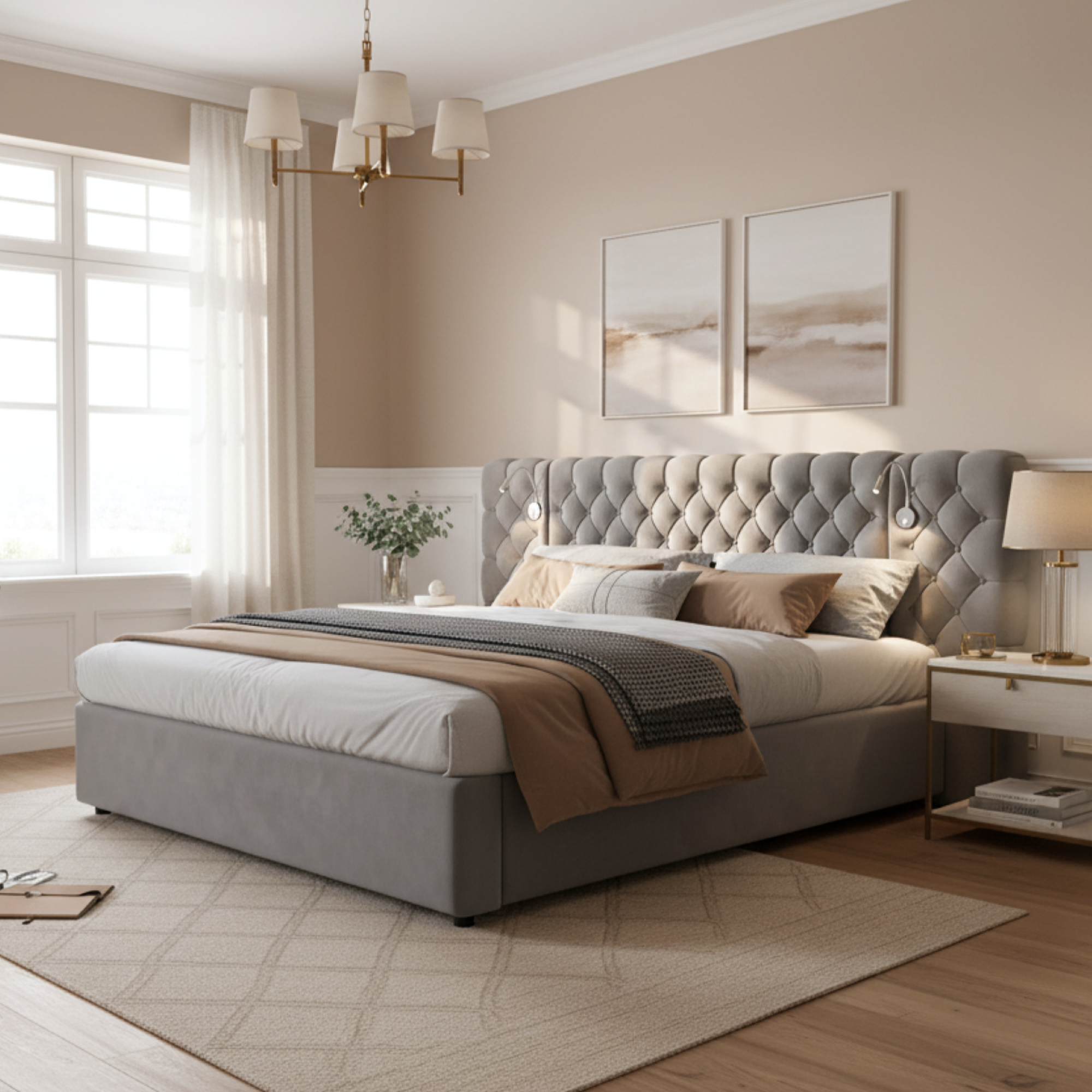 Upholstered Double Bed 180x200cm Hydraulic Storage LED Wide Headboard - Velvet Grey