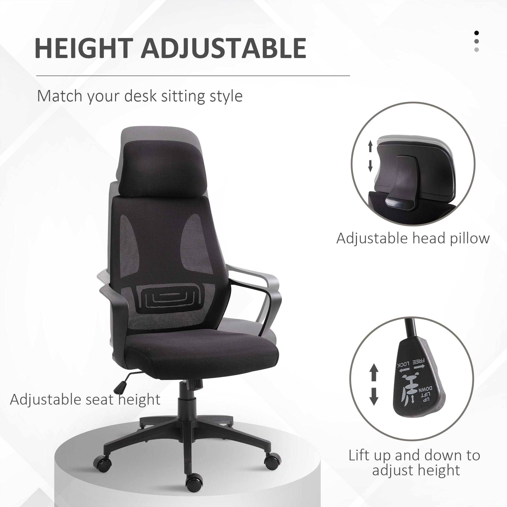 Ergonomic Office Chair High Back Lumbar Support Headrest Adjustable Height Mesh Black