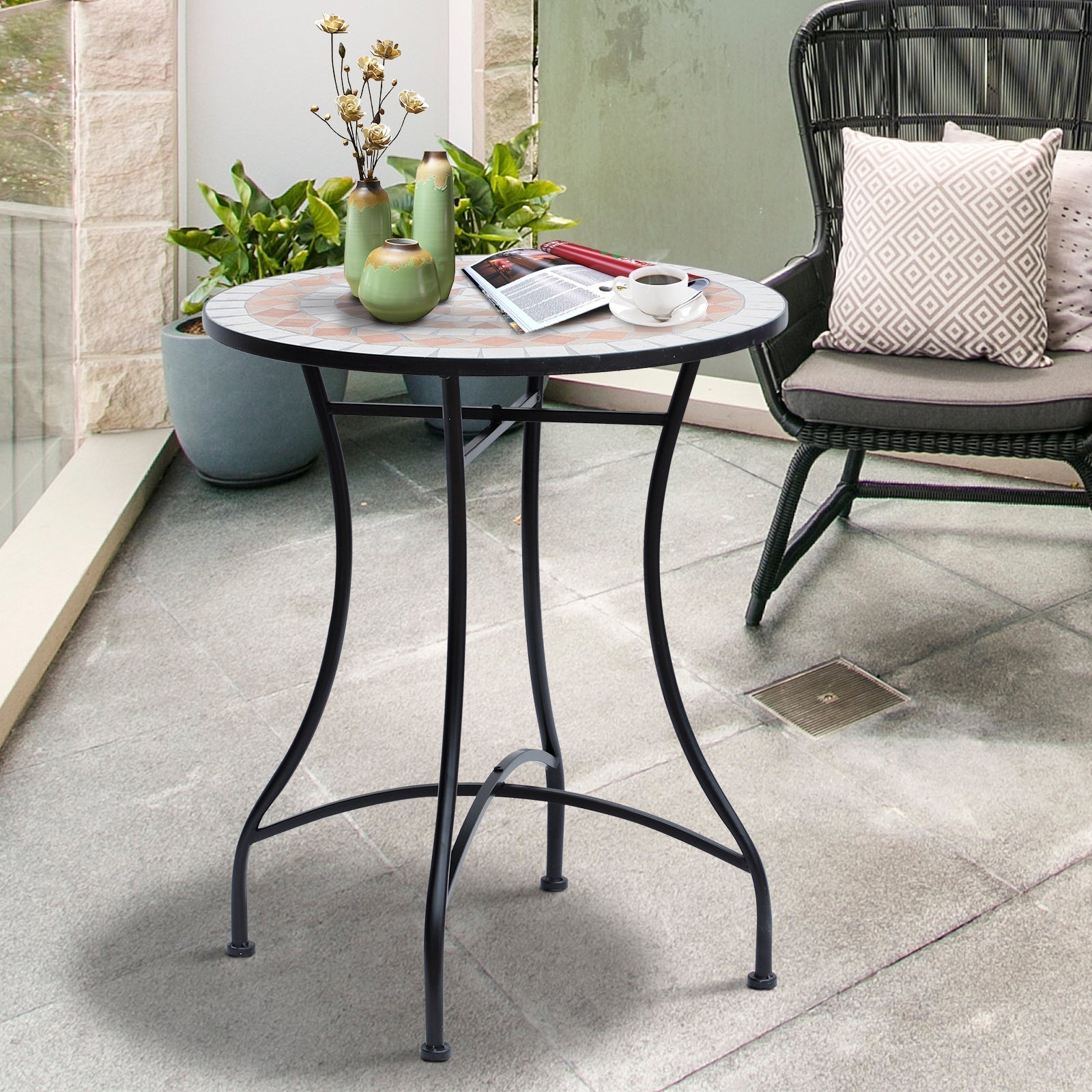 Mosaic Garden Table Round Ø60cm Balcony Side Table Steel Ceramic Orange/White