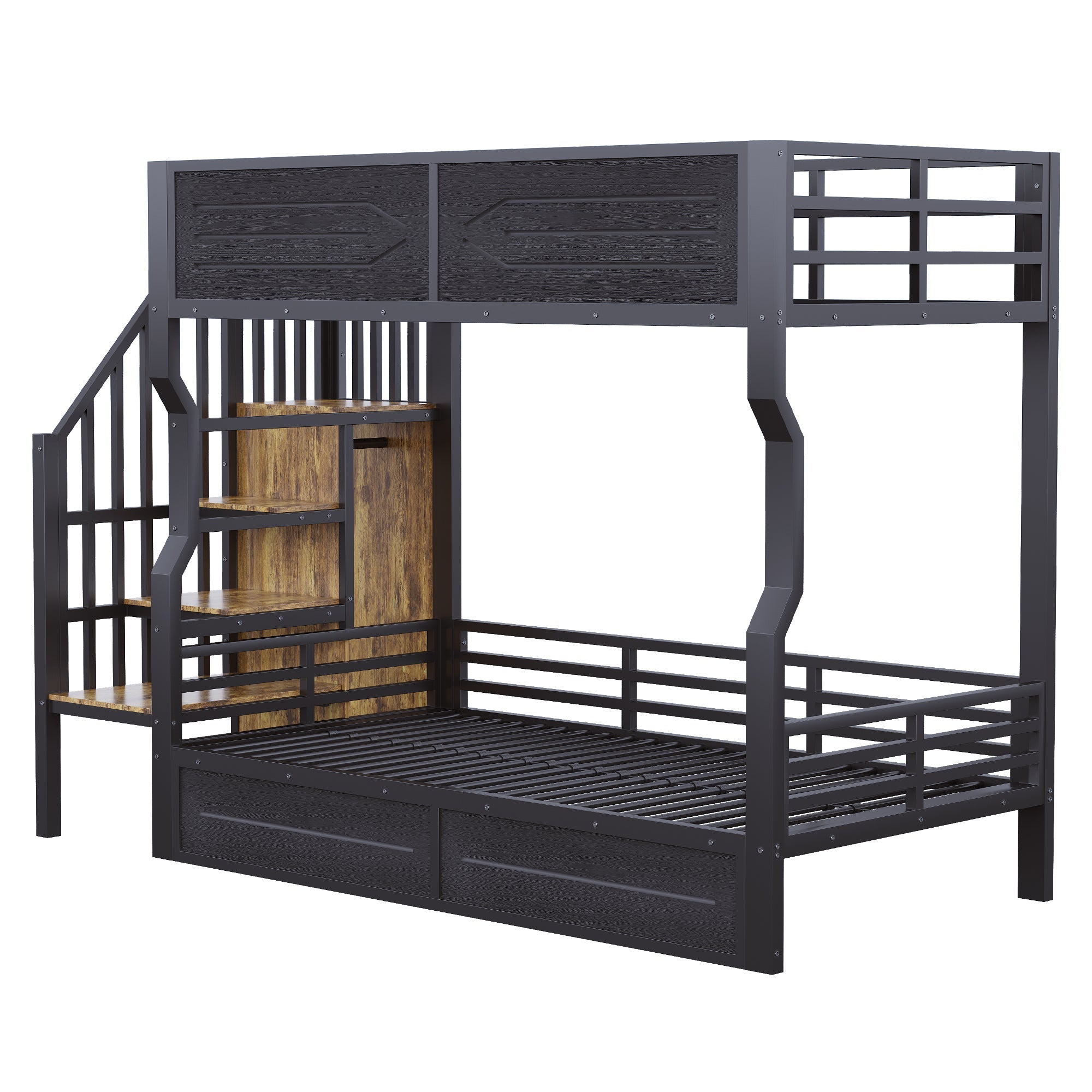 Loft Bed with Storage Stairs, LED Lighting and High Railing, 90x200cm, Black Iron
