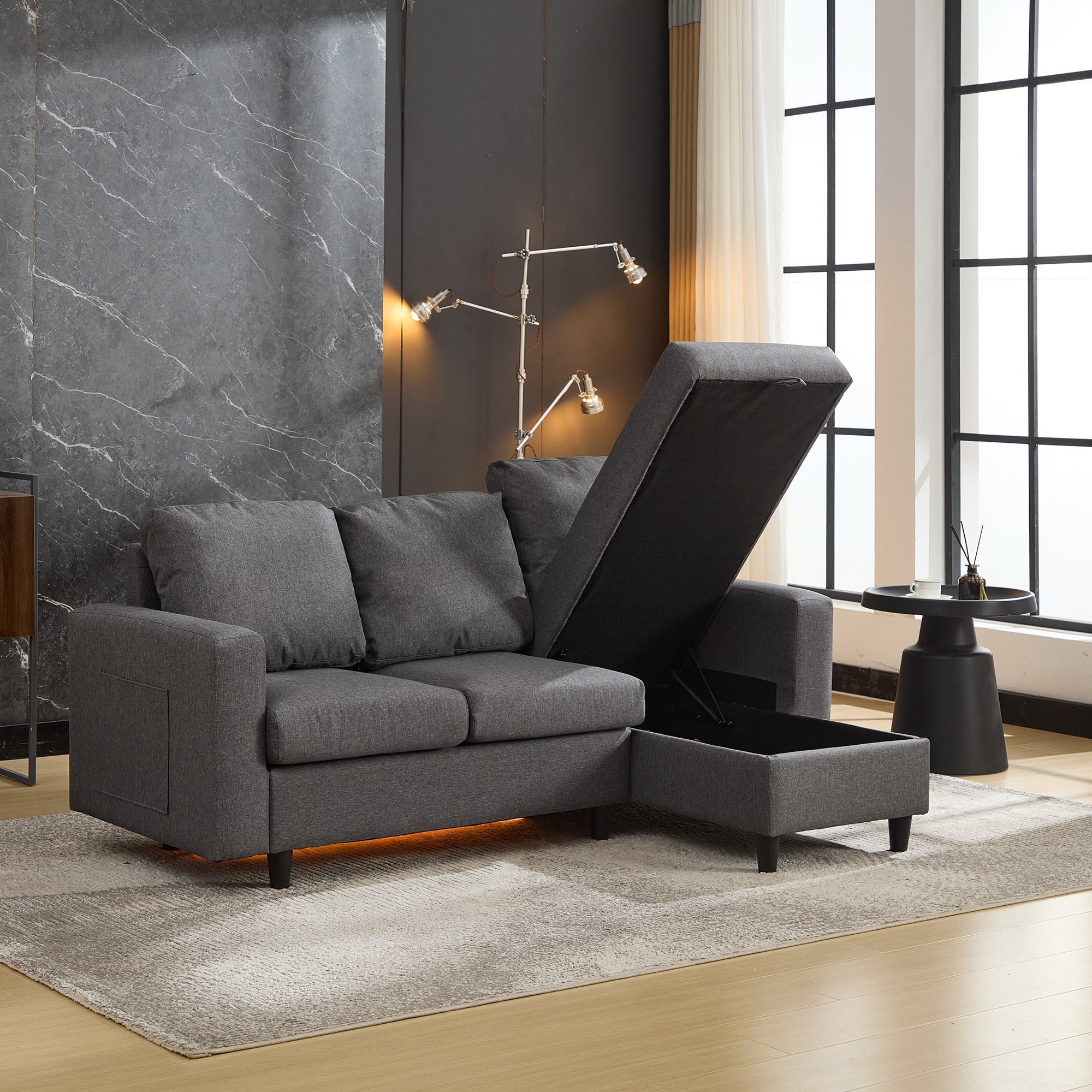 L-Shaped Sofa Bed, 3 Seater Convertible Sectional with Storage, USB & LED, Grey